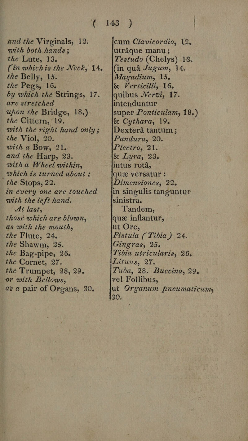 with both hands; the Lute, 13. (in whichis the Neck, 14. the Belly, 15. the Pegs, 16. by which the Strings, 17. are stretched upon the Bridge, 18.) the Cittern,' 19. with the right hand only; the Viol, 20. with a Bow, 21. and the Harp, 23. witha Wheel within, ‚which is turned about : the Stops, 22. in every one are touched with the left hand. At last, thosé which are blown, as with the mouth, the Flute, 24. the Shawm, 25. the Bag-pipe, 26. the Cornet, 27. the Trumpet, 28, 29. or with Bellows, az a pair of Organs, 30.   utraque manu ; Testudo (Chelys) 18. (in quà Jugum, 14. Magadium, 15. &amp; Verticilli, 16. quibus JVervi, 17. intenduntur super Ponticulam, 18.) &amp; Cythara, 19. Dexterâ tantum ; Pandura, 20. Plectro, 21. &amp; Lyra, 23. intus rotá, qua versatur : Dimensiones, 22. in singulis tanguntur sinistra. Tandem, que inflantur, ut Ore, Fistula ( Tibia) 24. Gingras, 25. Tibia utricularis, 26. Lituus, 27. Tuba, 28. Buccina, 29, vel Follibus, : 30,