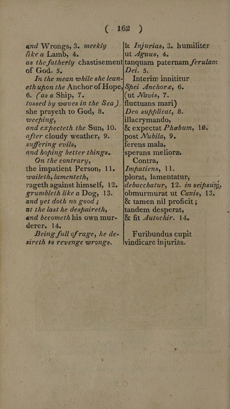 like a Lamb, 4. ut Agnus, 4. of God. 5. Dei. 5. Interim innititur 6. (asa Ship, 7. she prayeth to God, 8. qveefhing, and expecteth the Sun, 10. after cloudy weather, 9. — suffering evils, and hoping better things. On the contrary, the impatient Person, 11. watleth, lamenteth, rageth against himself, 12. grumbleth like a Dog, 13. and yet doth no good ; ut the last he deshaireth, and becometh his own mur- derer. 14. Being full of rage, he de- sireth to revenge wrongs. (ut Navis, 7. fluctuans mari) Deo supfipilicat, 8 illacrymando, &amp; expectat Phebum, 19. post JVubila, 9. ferens mala, sperans meliora. Contra, Impatiens, 11. plorat, lamentatur, debacchatur, 12. zn seifisuin, obmurmurat ut Canis, 13. &amp; tamen nil proficit ; tandem desperat, &amp; fit dutochir. 14. Furibundus cupit vindicare injurias.