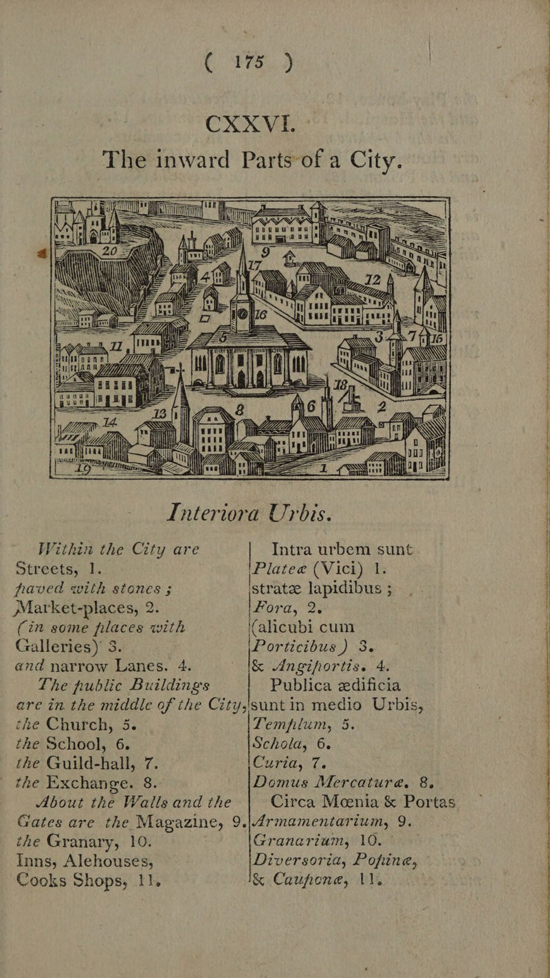 CXXVL | The inward Parts-of a City. |  gin | ES D | | xu   1 | | it S 19 | Bu Eve dr ES. | Interiora Urbis. | | Within the City are | Intra urbem sunt | Streets, 1. \Platee (Vici) 1. faved with stones ; strate lapidibus; | . | Market-places, 2. Fora, 2. | (in some places with (alicubi cum Galleries) 3. \Porticibus) 3. | and narrow Lanes. 4. &amp; Jngihortis. 4. The hublic Buildings Publica edificia are in the middle of the City‚'sunt in medio Urbis, the Church, 5. Templum, 5. the School, 6. Schola, 6, the Guild-hall, 7. Curia, 7. _ the Exchange. 8. Domus Mercature. 8. About the Walls and the Circa Mania &amp; Portas Gates are the Magazine, Ud Armamentarium, 9. the Granary, 10. Granarium, 10. Inns, Alehouses, Diversoria, Popine, Cooks Shops, Il. &amp; Caufone, 1.  