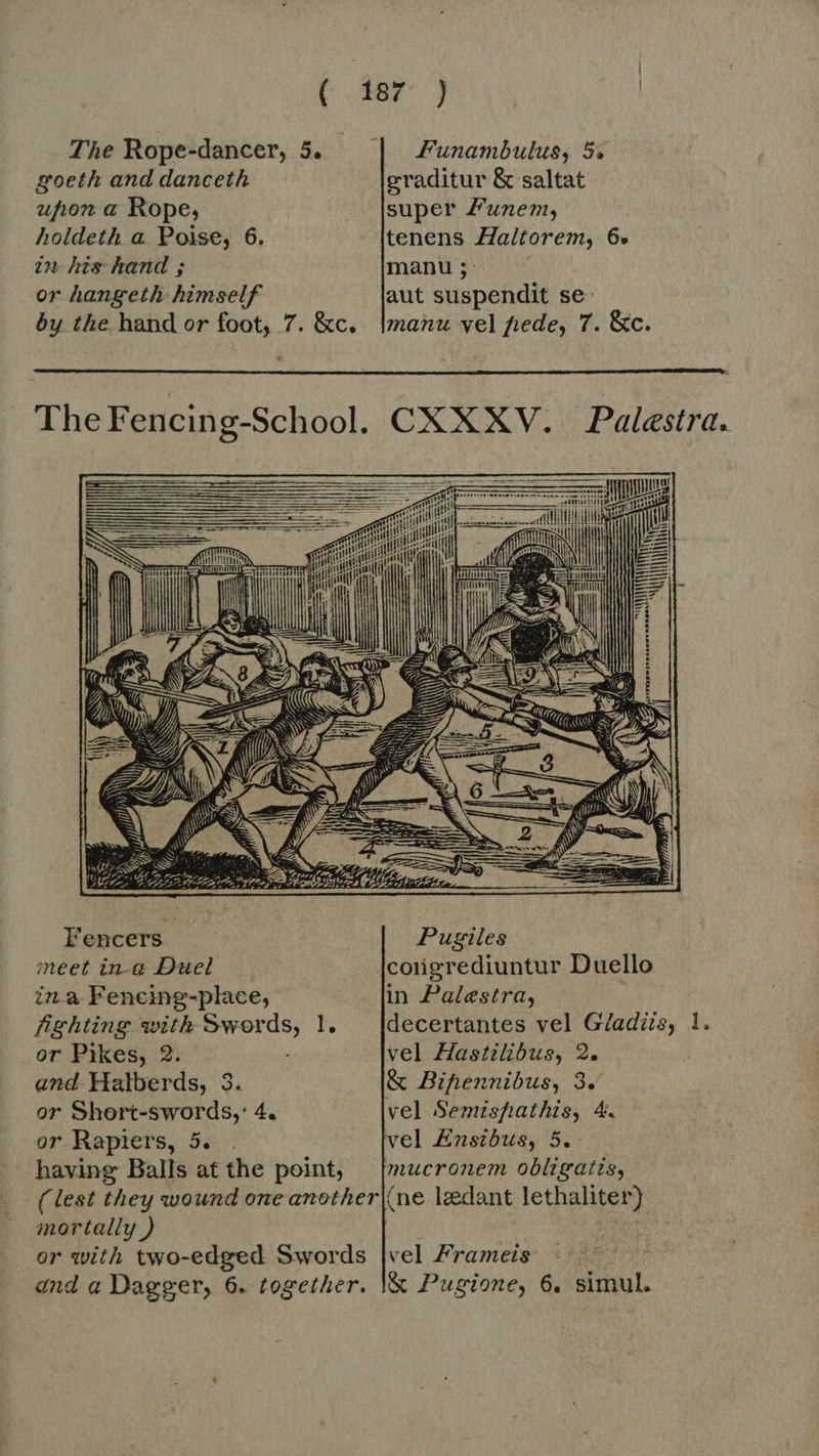The Rope-dancer, 5. | Funambulus, 5. goeth and danceth graditur &amp; saltat ufhon a Rope, super Funem, holdeth a Poise, 6. tenens Haltorem, 6e in hts hand ; manu ;j;: or hangeth himself aut suspendit se by the hand or foot, 7. &amp;c. [manu vel pede, 7. &amp;c.  TheFencing-School. CXXXV. Palestra.     Fencers Pugiles meet ina Duel corigrediuntur Duello ina Fencing-place, in Palestra, fighting with Swords, 1. decertantes vel Gladits, 1. or Pikes, 2. vel Hastilibus, 2. and Halberds, 3. &amp; Bihennibus, 3. or Short-swords,: 4. vel Semishathis, 4. or Rapters, 5. | vel Ensibus, 5. having Balls at the point, — [mucronem obligatis, (lest they wound one another (ne ledant lethaliter) mortally ) or with two-edged Swords |vel Zrameis and a Dagger, 6. together. \&amp; Pugione, 6. simul.