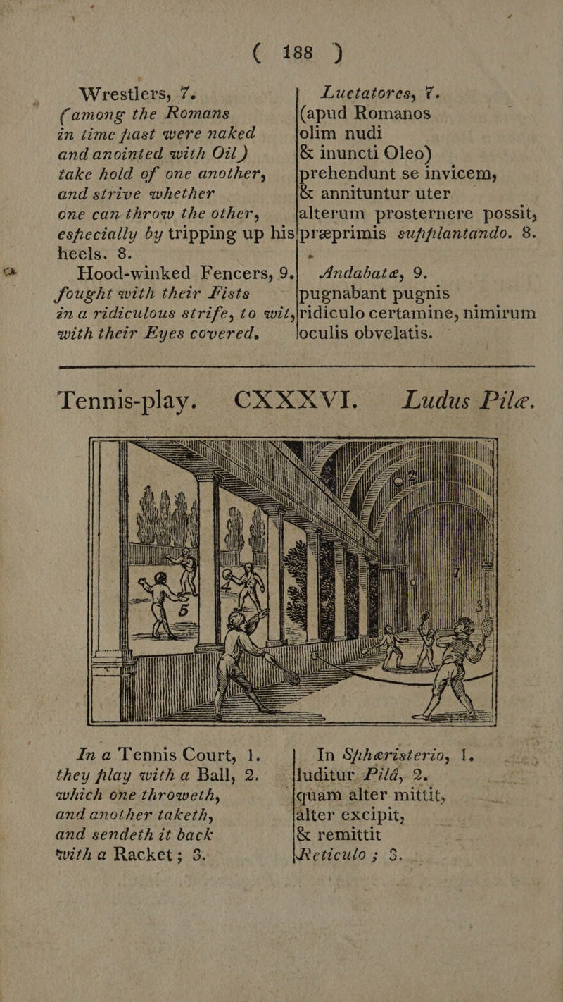 Wrestlers, 7. Luctatores, V. (among the Romans (apud Romanos in time past were naked olim nudi and anointed with Oil) &amp; inuncti Oleo) take hold of one another, _ |prehendunt se invicem, and strive whether &amp; annituntur uter one can throw the other, alterum prosternere possit, especially by tripping up his'preprimis supfiplantando. 8. heels. 8. A Hood-winked Fencers, 9.| Andabate, 9 fought with their Fists ~ \pugnabant pugnis ina ridiculous strife, to wit,|ridiculo certamine, nimirum with their Eyes covered. oculis obvelatis.  Tennis-play. CXXXVI. — Ludus Pile. i ij  In a Tennis Court, 1. In laren eva they flay with a Ball, 2. luditur Pild, 2. which one throweth, quam alter mittit, and another taketh, alter excipit, and sendeth it back &amp; remittit tuith a Racket; 3. JAeticulo ; 3.