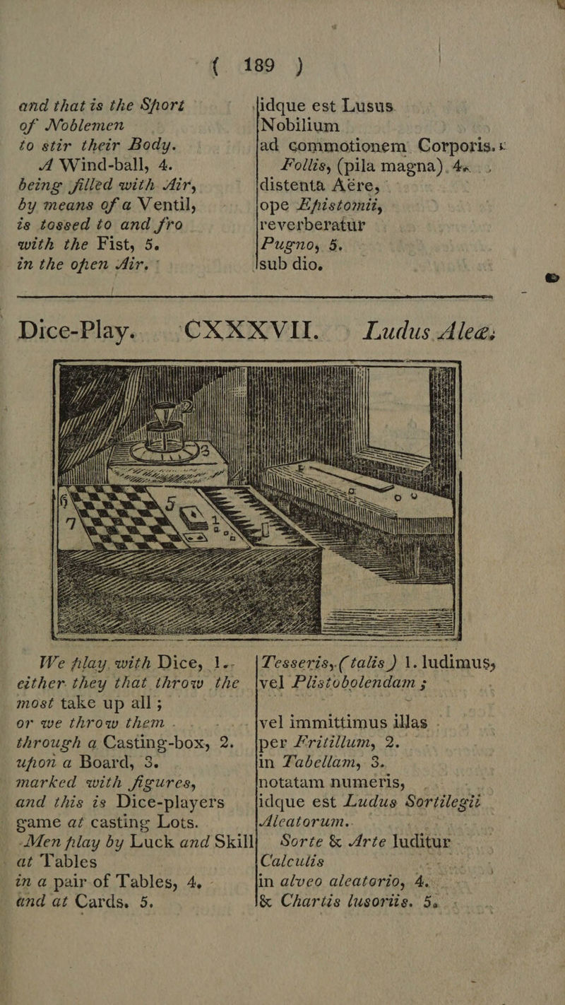 Ke AD and that is the Sport [idque est Lusus of Noblemen | Nobilium to stir their Body. ad commotionem Corporis. « A Wind-ball, 4. Follis, (pila magna). 4« being filled with Air, distenta Aére, by means of a Ventil, ope -Efstomii, is tossed to and fro reverberatur with the Fist, 5. Pugno, 5. in the open Air, Isub dio,  Dice-Play. | CXXXVII. |. Ludus Alea, en aat  We hlay with Dice, 1.. |Tesseris, (talis ) | l. Iudimus either they that throw the |vel T'Retobolendam ; i most take up all ; or we throw them. . . ... {vel immittimus illas . through a Casüng-box, 2. {per /ritillum, 2. ufion a Board, 3. in Zabellam, 3. marked with figures, notatam numeris, . and this is Dice-players — [idque est Ludus Sortilegië — game af casting Lots. Aleatorum.. „Men play by Luck and Skill} Sorte &amp; Arte luditur ‚ at Tables Calculis EUN in a pair of Tables, 4, - in alveo aleatorio, 4.