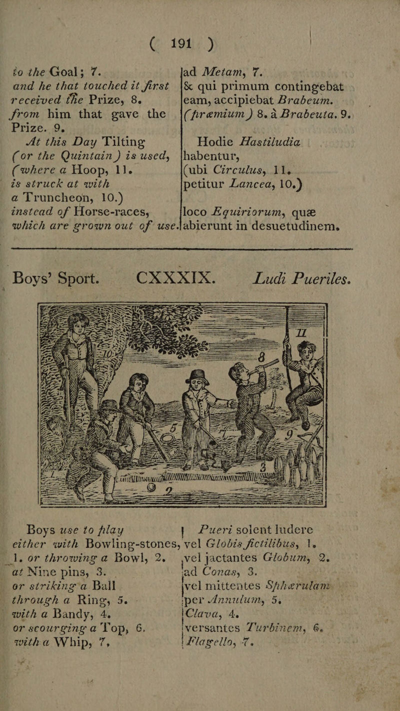 to the Goal; 7. ad Metam, 7, and he that touched it first |&amp; qui primum contingebat received the Prize, 8. eam, accipiebat Brabeum. Jrom him that gave the |(fremium) 8.a Brabeuta. 9. Prize. 9, At this Day Tilting Hodie Mastiludia (or the Quintain ) is used, [habentur, (where a Hoop, 11. (ubi Circulus, 11. is struck at with petitur Lancea, 10.) a Truncheon, 10.) instead of Horse-races, loco Eguiriorum, que which are grown out of use.labierunt in desuetudinem.  Boys Sport. CXXXIX. Ludi Pueriles.     77] el Sard.  So » REY. Y We hrm. i M  Boys use to flay Pueri solent ludere either with Bowling-stones, vel Glodis fictilibus, 1, _l. or throwing a Bowl, 2. vel jactantes Globum, 2. at Nine pins, 3. | ad Conas, 3. ) . or striking'a Ball vel mittentes Shherulan through a Ring, 5. - per nazulum, 5, with a Bandy, 4. IClava, 4. or scourging a Top, 6. iversantes Z'urbinem, 6. witha Whip, 7, | F'lagello, T. a -