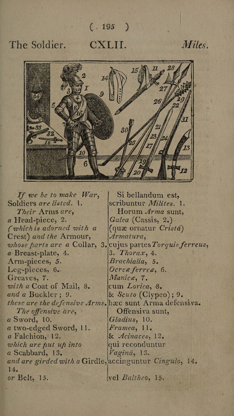 The Soldier. CARAT:    S fA ge E ÀJ ene Mon Tra y € y Ls Ys = Saenger Sore yee s Zj 1 GES KS T us ESI Prt EENS | a , ] ij RO a i aM C = \ ih ES AN muc Sa &gt; y erar 7 /   If sve be to make War, Si bellandum est, Soldiers are listed. 1. scribuntur Milites. 1. Their Arms are, Horum Arma sunt, a Head-piece, 2. Galea (Cassis, 2.) (whichis adorned with a — (qua ornatur Crista) Crest) and the Armour, Armatura, whose farts are a Collar, 3.'cujus partes Torguis ferreus, a Breast-plate, 4. 3. Thorax, 4. Arm-pieces, 5. Brachialia, 5. Leg-pieces, 6. Ocrce ferree, 6. Greaves, 7. Manice, 7. with a Coat of Mail, 8. cum Lorica, 8. and a Buckler; 9. &amp; Scuto (Clypeo); 9. these are the defensive Armms.heec sunt Arma defensiva. The offensive are, Offensiva sunt, a Sword, 10. Gladius, 10.  a two-edged Sword, 11. Framea, 11, a Falchton, 12. &amp; Acinaces, 12, which are fut up into qui reconduntur a Scabbard, 13. Vagina, 13. and are girded with a Girdle, accinguntur Cingulo, 14. 14, or Belt, 15. | vel Baltheo, 15.