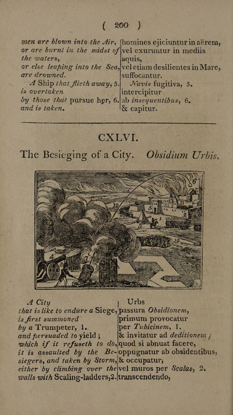 men are blown into. the Air, [homines ejiciuntur in aérem, or are burnt in the midst of|vel exuruntur in mediis  the waters, aquis, or else leaping into the Sea,|vel etiam desilientes in Mare, are drowned. suffocantur. A Ship that flieth away, 5.) Navis fugitiva, 5. is overtaken intercipitur by those that pursue her, 6.jab znseguentibus, 6. and is taken. &amp; capitur. CXLVI. The Besieging of a City. Obsidium Urbis.  A City | Urbs that is like. to endure a Siege, passura Obsidionem, is first summoned primum provocatur by a Trumpeter, 1. per Zubicinem, l.. and fhersuaded to yield ; &amp; invitatur ad deditionem ; which if it refuseth to do,quod si abnuat facere, _ it is assaulted by the Be-oppugnatur ab obsidentibus siegers, and. taken by Storm, &amp; occupatur; either by climbing over thejvel muros per Scalas, 2. walls with Scaling-ladders;2.itranscendendo;