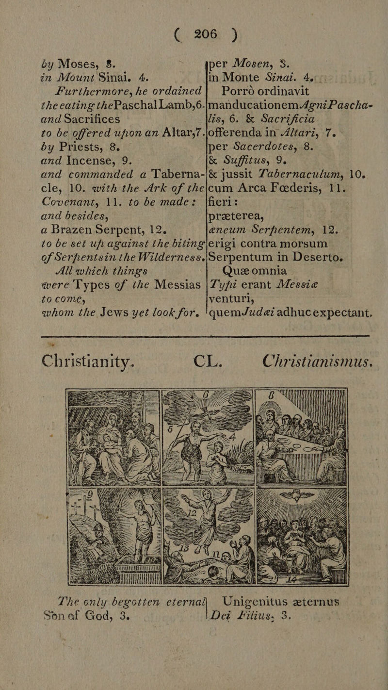 by Moses, 5. per Mosen, 3. in Mount Sinai. 4. in Monte Sinai. 4... Furthermore, he ordained} Porro ordinavit the eating thePaschal Lamb,6-fmanducationem Agni Pascha- and Sacrifices . Mis, 6. & Sacrificia to be offered upon an Altar,7 jofferenda in 4ltari, 7. by Priests, 8. — per Sacerdotes, 8. and Incense, 9. & Suffitus, 9. and commanded a Taberna-|& jussit Tabernaculum, 10. cle, 10. with the Ark of thejcum Arca Foederis, 11. Covenant, 11. to be made: |heri: and besides, praeterea, a Brazen Serpent, 12. eneum Serfhentem, 12. to be set uh against the bitingjerigi contra morsum of Serhentsin the Wilderness.|Serpentum in Deserto. All which things Quz omnia were Types of the Messias |Zyf erant Messze to come, venturi, whom the Jews yet look for. 'quemJudei adhucexpectant. Christianity. (C. Christianismus. The only begotten sean Unigenitus eeternus Sonaf God, 3. Dei Filius, 3.