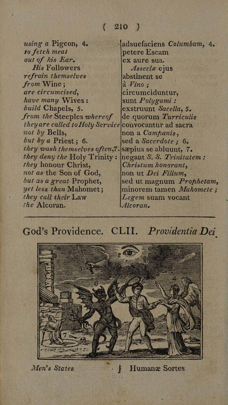 using a Pigeon, 4. jadsuefaciens Co/umbam, 4. to fetch meat petere Escam out of his Ear, ex aure sua. His Followers Assecle ejus refrain themselves abstinent se from Wine; a Vino ; are circumcised, circumciduntur, have many Wives: sunt Polygami : build Chapels, 5. exstruunt Sacella, 5. Jrom the Steeples whereof [de quorum Turriculis they are called to Holy Servicejconvocantur ad sacra not by Bells, non a Campanis, but bya Priest; 6. sed a Sacerdote ; 6, they wash themselves often,7.\sepius se abluunt, 7. they deny the Holy Trinity : jnegant S. S. Trinitatem: they honour Christ, Christum honorant, | not as the Son of God, non ut Dei Filium, but as a great Prophet, sed ut magnum Profrhetam, yet less than Mahomet; minorem tamen Mahomete ; they call their Law Legem suam vocant the Alcoran. Alcoran.  God’s Providence. CLII. Providentia Dei  X Men's States . |] Humane Sortes