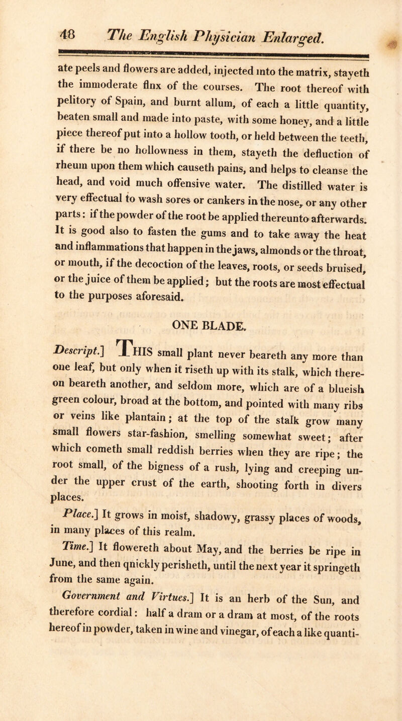 ate peels and flowers are added, injected into the matrix, stayeth the immoderate flnx of the courses. The root thereof with pelitory of Spain, and burnt allum, of each a little quantity, beaten small and made into paste, with some honey, and a little piece thereof put into a hollow tooth, or held between the teeth, if there be no hollowness in them, stayeth the deduction of rheum upon them which causeth pains, and helps to cleanse the head, and void much offensive water. The distilled water is very effectual to wash sores or cankers in the nose, or any other parts: if the powder of the root be applied thereunto afterwards. It is good also to fasten the gums and to take away the heat and inflammations that happen in the jaws, almonds or the throat, or mouth, if the decoction of the leaves, roots, or seeds bruised, or the juice of them be applied; but the roots are most effectual to the purposes aforesaid. ONE BLADE. Descript.] ThIS small plant never beareth any more than one leaf, but only when it riseth up with its stalk, which there- on beareth another, and seldom more, which are of a blueish green colour, broad at the bottom, and pointed with many ribs or veins like plantain; at the top of the stalk grow many small flowers star-fashion, smelling somewhat sweet; after which cometh small reddish berries when they are ripe; the root small, of the bigness of a rush, lying and creeping un- der the upper crust of the earth, shooting forth in divers places. Place.] It grows in moist, shadowy, grassy places of woods, in many places of this realm. Time.] It flowereth about May, and the berries be ripe in June, and then qnickly perisheth, until the next year it springeth from the same again. Government and Virtues.] It is an herb of the Sun, and therefore cordial: half a dram or a dram at most, of the roots hereof in powder, taken in wine and vinegar, of each a like quanti-