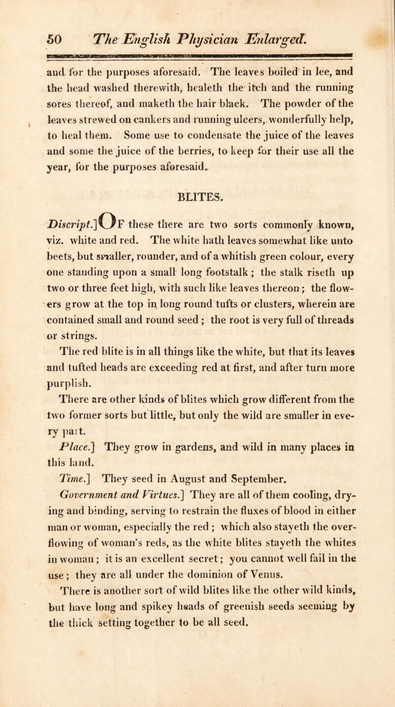 and for the purposes aforesaid. The leaves boiled in lee, and the head washed therewith, healeth the itch and the running sores thereof, and maketh the hair black. The powder of the leaves strewed on cankers and running ulcers, wonderfully help, to heal them. Some use to condensate the juice of the leaves and some the juice of the berries, to keep for their use all the year, for the purposes aforesaid. BLITES. Discript.]Of these there are two sorts commonly known, viz. white and red. The white hath leaves somewhat like unto beets, but smaller, rounder, and of a whitish green colour, every one standing upon a small long footstalk; the stalk riseth up two or three feet high, with such like leaves thereon; the flow- ers grow at the top in long round tufts or clusters, wherein are contained small and round seed ; the root is very full of threads or strings. The red blite is in all things like the white, but that its leaves and tufted heads are exceeding red at first, and after turn more purplish. There are other kinds of blites which grow different from the two former sorts but little, but only the wild are smaller in eve- ry part. Place.] They grow in gardens, and wild in many places in this land. Time.] They seed in August and September. Government and Virtues.] They are all of them cooling, dry- ing and binding, serving to restrain the fluxes of blood in either man or woman, especially the red ; which also stayeth the over- flowing of woman’s reds, as the white blites stayeth the whites in woman; it is an excellent secret; you cannot well fail in the use; they are all under the dominion of Venus. There is another sort of wild blites like the other wild kinds, but have long and spikey heads of greenish seeds seeming by the thick setting together to be all seed.