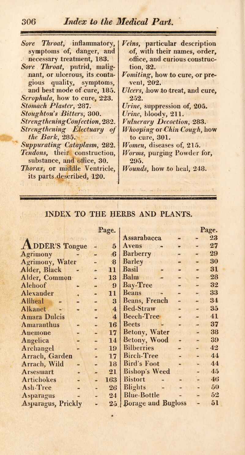 Sore Throaty inflammatory, symptoms of, danger, and necessary treatment, 183. Sore Throaty putrid, malig- nant, or ulcerous, its conta- gious quality, symptoms, and best mode of cure, 185. Scrophula, how to cure, 223. Stomach Plaster, 287. Stoughton's Bitters, 300. Strengthening Confection, 282. Strengthening Electuary of the Bark, 285. Suppurating Cataplasm, 282. Tendons, their construction, substance, and office, 30. Thorax, or middle Ventricle, its parts described, 120. Veins, particular description of, with their names, order, office, and curious construc- tion, 32. Vomiting, how to cure, or pre- vent, 202. Ulcers, how to treat, and cure, 252. Urine, suppression of, 205. Urine, bloody, 211. Vulnerary Decoction, 283. Whooping or Chin Cough, how to cure, 301. Women, diseases of, 215. Worms, purging Powder for, 295. Wounds, how to heal, 248. I INDEX TO THE HERBS AND PLANTS. ; Page. Page. Adder’s Tongue Assarabacea - 23 ... 5 Avens m - 27 Agrimony - 6 Barberry - - 29 Agrimony, Water - 8 Barley - • 30 Alder, Black A 11 Basil jtm - 31 Alder, Common 13 Balm - - 28 Alehoof *» 9 Bay-Tree - - 32 Alexander 11 Beans - - 33 Allheal - 3 Beans, French - - 34 Alkanet « 4 Bed-Straw •» - 35 Amara Dulcis 4 Beech-Tree m - 41 Amaranthus •> 16 Beets m* - 37 Anemone - 17 Betony, Water - 38 Angelica 14 Betony, Wood (tk - 39 Archangel - 19 Bilberries — - 42 Arrach, Garden • 17 Birch-Tree - - 44 Arrach, Wild •» 18 Bird’s Foot * - 44 Arsesmart 21 Bishop’s Weed 45 Artichokes 163 Bistort - - 46 Ash-Tree • 26 Blights - 50 Asparagus - 24 Blue Bottle - - 52 Asparagus, Prickly - 25 Borage and Bug] OSS - 51