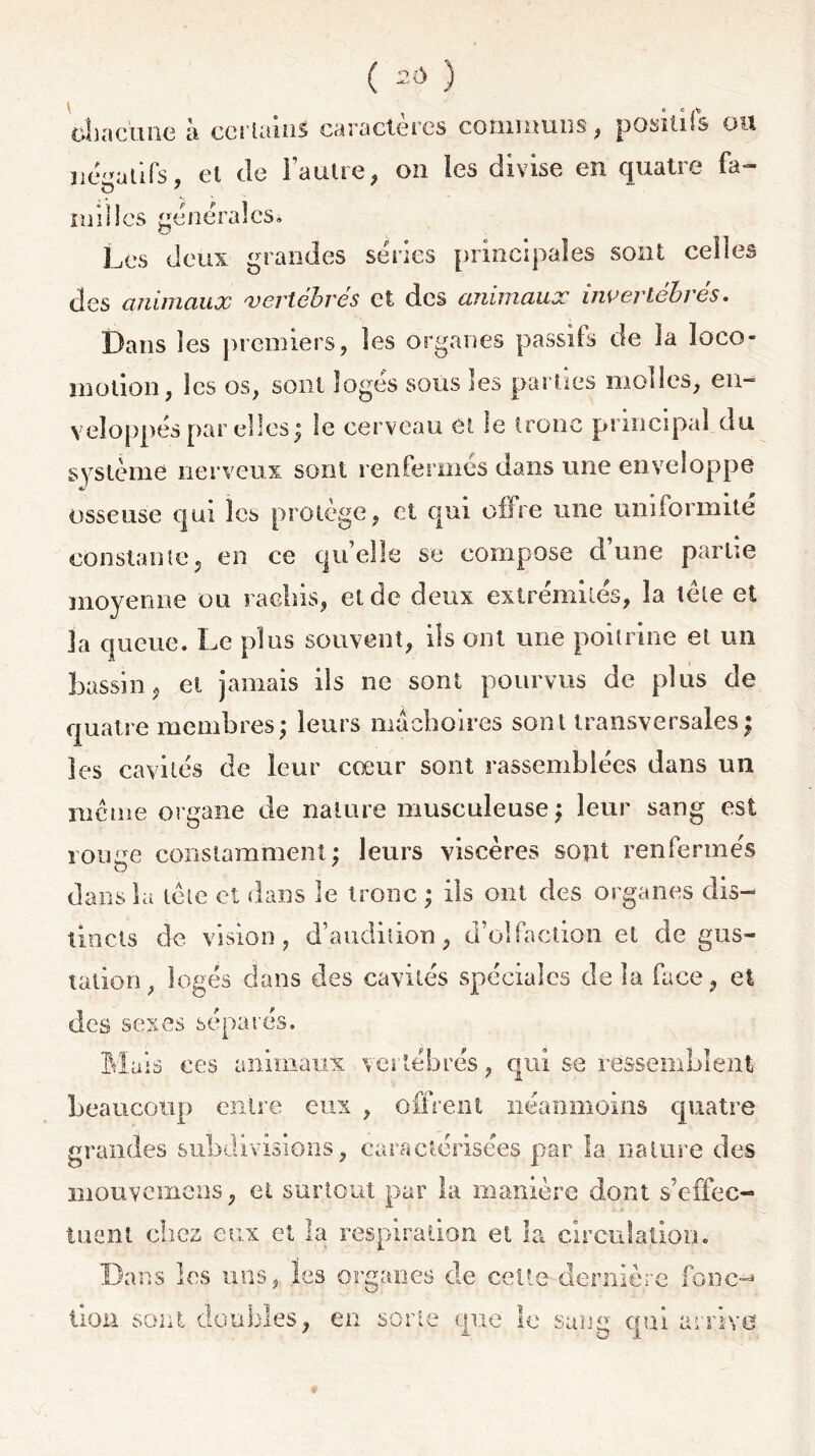 ( ) 'chacune à certains caractères communs, positifs ou ]it’,,aüfs et de l’autre, on les divise en quatre fa- O ' milles générales. Les deux grandes séries principales sont celles des animaux vertèbres et des animaux invertébrés. Dans les premiers, les organes passifs de la loco- motion, les os, sont logés sous les parties molles, en- veîoppés par elles; le cerveau et le tronc principal du système nerveux sont renfermés dans une enveloppe osseuse qui les protégé, et qui offre une uniformité constante, en ce qu’elle se compose d’une partie moyenne ou rachis, et de deux extrémités, la tète et Ja queue. Le plus souvent, ils ont une poitrine et un bassin, et jamais ils ne sont pourvus de plus de quatre membres; leurs mâchoires sont transversales; les cavités de leur cœur sont rassemblées dans un meme organe de nature musculeuse; leur sang est roture constamment; leurs viscères sopt renfermés dans la tête et dans le tronc ; ils ont des organes dis- tincts de vision, d’audition, d’olfaction et de gus- tation, logés dans des cavités spéciales de la face, et des sexes séparés. Mais ces animaux vertébrés, qui se ressemblent beaucoup entre eux , offrent néanmoins quatre grandes subdivisions, caractérisées par la nature des niouvemciis, et surtout par la manière dont s’effec- tuent chez eux et la respiration et la circulation. Dans les uns, les organes de cette dernière fonc-* lion sont doubles, en sorte que le sang qui arrive