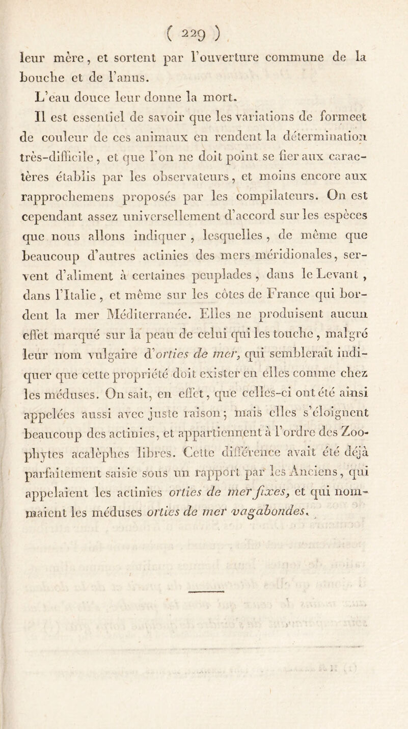 leur mère, et sortent par Y ouverture commune de la bouche et de l’anus. L’eau douce leur donne la mort. Il est essentiel de savoir que les variations de formeet de couleur de ces animaux en rendent la détermination, très-difficile , et que l’on ne doit point se fier aux carac- tères établis par les observateurs, et moins encore aux rapprochement proposés par les compilateurs. On est cependant assez universellement d’accord sur les espèces que nous allons indiquer , lesquelles , de meme que beaucoup d’autres actinies des mers méridionales, ser- vent d’aliment à certaines peuplades , dans le Levant , dans l’Italie , et même sur les cotes de France qui bor- dent la mer Méditerranée. Elles ne produisent aucun effet marqué sur la peau de celui qui les touche , malgré leur nom vulgaire d'orties de mer, qui semblerait indi- quer que cette propriété doit exister en elles comme chez les méduses. On sait, en effet, que celles-ci ont été ainsi appelées aussi avec juste raison*, niais elles s’éloignent beaucoup des actinies, et appartiennent à l’ordre des Zoo- pliytes acalèplies libres. Cette différence avait été déjà parfaitement saisie sous un rapport par les Anciens, qui appelaient les actinies orties de mer fixes, et qui nom- maient les méduses orties d,e mer vagabondes.