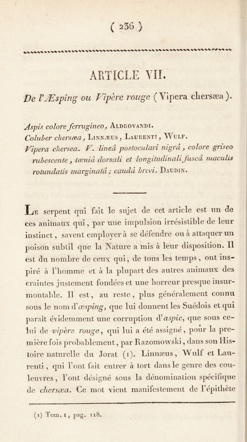 ARTICLE YII. /Je l’Æsping ou Vipère rouge (Vipera chersæa). Aspis colore ferrugineo y Alduovandi. Coluber chersæa, Linnæus , Laurent!, Wulf. Vipera chersea. hnea postoculari ragra y coloie guseo rubescente y Iceniâ dors ali et longitudinali jusca maculis rotundads marginatâ ; caudâ brevi, Daudin. Le serpent qui fait le sujet de cet article est un de ces animaux qui, par une impulsion irrésistible de leur instinct, savent employer à se défendre ou à attaquer un poison subtil que la Nature a mis à leur disposition. Il est du nombre de ceux qui, de tous les temps, ont ins- piré à l’homme et à la plupart des autres animaux des craintes justement fondées et une horreur presque insur- montable. Il est, au reste , plus généralement connu sous le nom ddesping, que lui donnent les Suédois et qui paraît évidemment une corruption d1 aspic, que sous ce- lui de vipère rouge, qui lui a été assigné, pour la pre- mière fois probablement, par Razomowski, dans son His- toire naturelle du Jorat (i). Linnæus, Wulf et Lau- renti, qui Font fait entrer à tort dans le genre des cou- leuvres , l’ont désigné sous la dénomination spécifique de chersæa. Ce mot vient manifestement de l’épithète (i) Toux, x, pag. i îS,