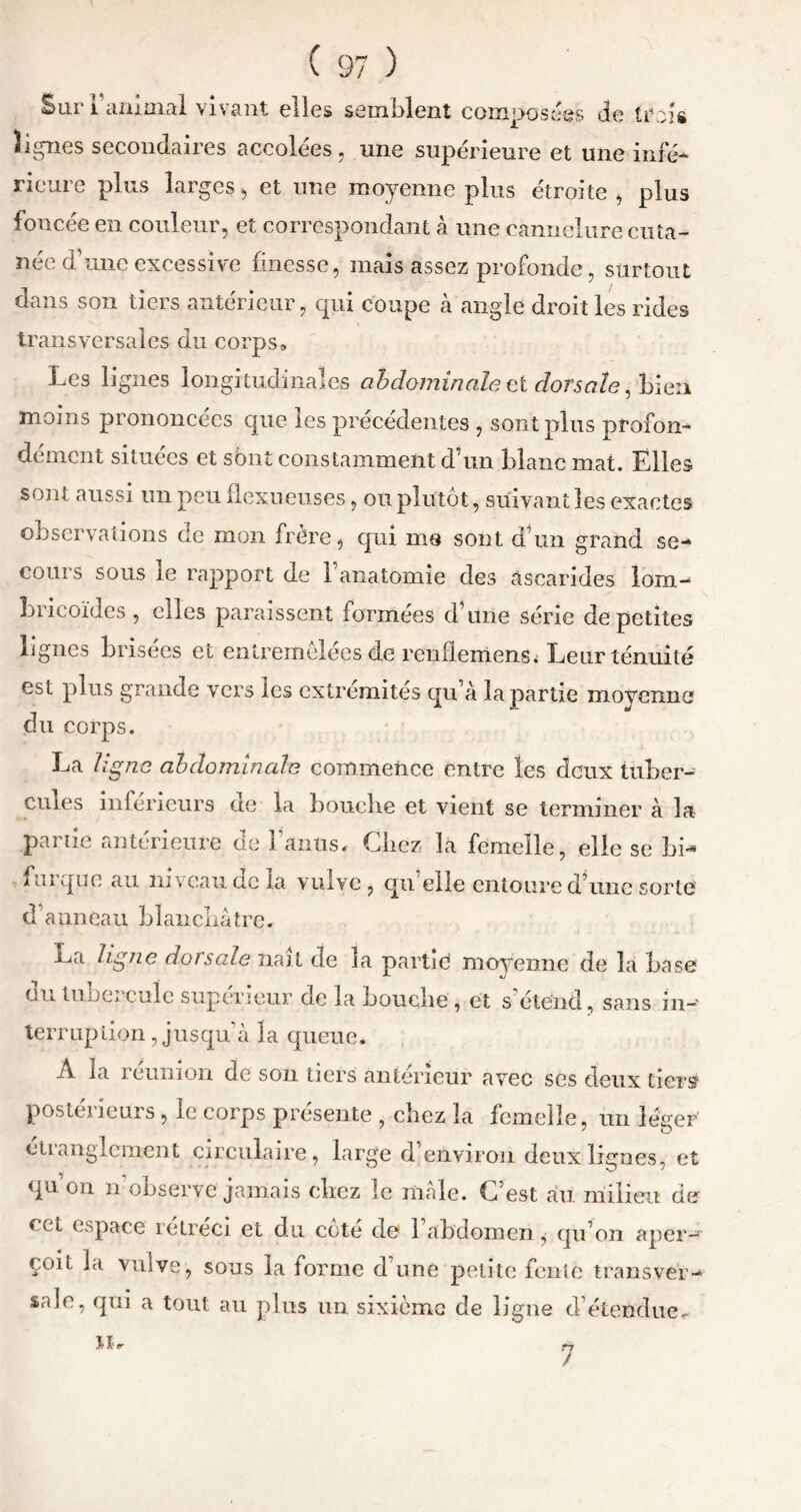 Sur i animal vivant elles semblent composées de tfûîs lignes secondaires accolées, une supérieure et une infé- rieure plus larges, et une moyenne plus étroite, plus foncée en couleur, et correspondant à une cannelure cuta- née d’une excessive finesse, mais assez profonde, surtout dans son tiers antérieur, qui coupe à angle droit les rides transversales du corps. Les lignes longitudinales abdominale oï dorsale, bien moins prononcées que les précédentes , sont plus profon- dément situées et sônt constamment d’un blanc mat. Elles sont aussi un peu flexueuses, ou plutôt, suivant les exactes observations de mon frère, qui me sont d’un grand se- cours sous le rapport de l’anatomie des ascarides lom- bricoïdes , elles paraissent formées d’une série de petites lignes brisées et entremêlées de renflemenss Leur ténuité est plus grande vers les extrémités qu’à la partie moyenne du corps. La ligne abdominale commence entre les deux tuber- cules inferieurs de la bouebe et vient se terminer à la pai tic antérieure cie 1 anus* Liiez la femelle, elle se bi— i orque au niveau de la vulve , qu elle entoure d’une sorte d anneau blanchâtre. La ligne dorsale naît de la partie moyenne de la base üii IujjCj eu le supérieur de la bouclie , et s étend, sans in- terruption , jusqu à la queue. A la réunion de son tiers antérieur avec ses deux tiers postérieurs , le corps présente , chez la femelle, un léger etianglcment circulaire, large d environ deux lignes, et qu on n observe jamais clicz le male. C’est au milieu de fet espace rétréci et du cote de 1 abdomen, qu’on aper- çoit la vulve, sous la forme d’une petite fente transver- sale, qui a tout au plus un sixième de ligne d’étendue*. tir fj