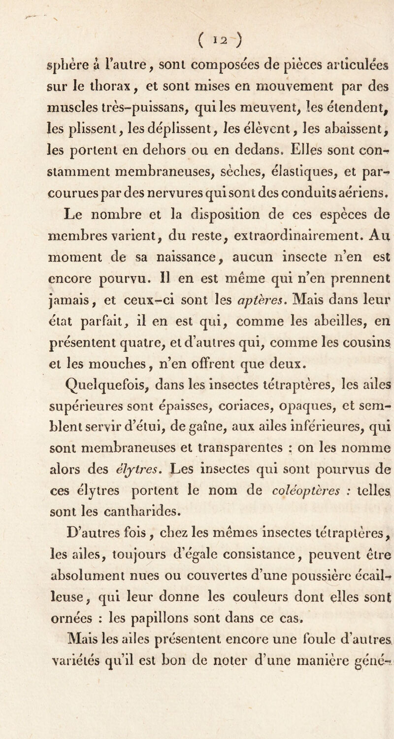 ( 12 ) sphère à l’autre, sont composées de pièces articulées sur le thorax , et sont mises en mouvement par des muscles très-puissans, qui les meuvent, les étendent, les plissent, les déplissent, les élèvent, les abaissent, les portent en dehors ou en dedans. Elles sont con- stamment membraneuses, sèches, élastiques, et par- courues par des nervures qui sont des conduits aériens. Le nombre et la disposition de ces espèces de membres varient, du reste, extraordinairement. Au moment de sa naissance, aucun insecte n’en est encore pourvu. Il en est même qui n’en prennent jamais, et ceux-ci sont les aptères. Mais dans leur état parfait, il en est qui, comme les abeilles, en présentent quatre, et d’autres qui, comme les cousins, et les mouches, n’en offrent que deux. Quelquefois, dans les insectes tétraptères, les ailes supérieures sont épaisses, coriaces, opaques, et sem- blent servir d’étui, de gaine, aux ailes inférieures, qui sont membraneuses et transparentes : on les nomme alors des élytres. Les insectes qui sont pourvus de ces élytres portent le nom de coléoptères : telles sont les cantharides. D’autres fois, chez les mêmes insectes tétraptères, les ailes, toujours d’égale consistance, peuvent être absolument nues ou couvertes d’une poussière écail- leuse, qui leur donne les couleurs dont elles sont ornées : les papillons sont dans ce cas. Mais les ailes présentent encore une foule d’autres variétés qu’il est bon de noter d’une manière gçné-