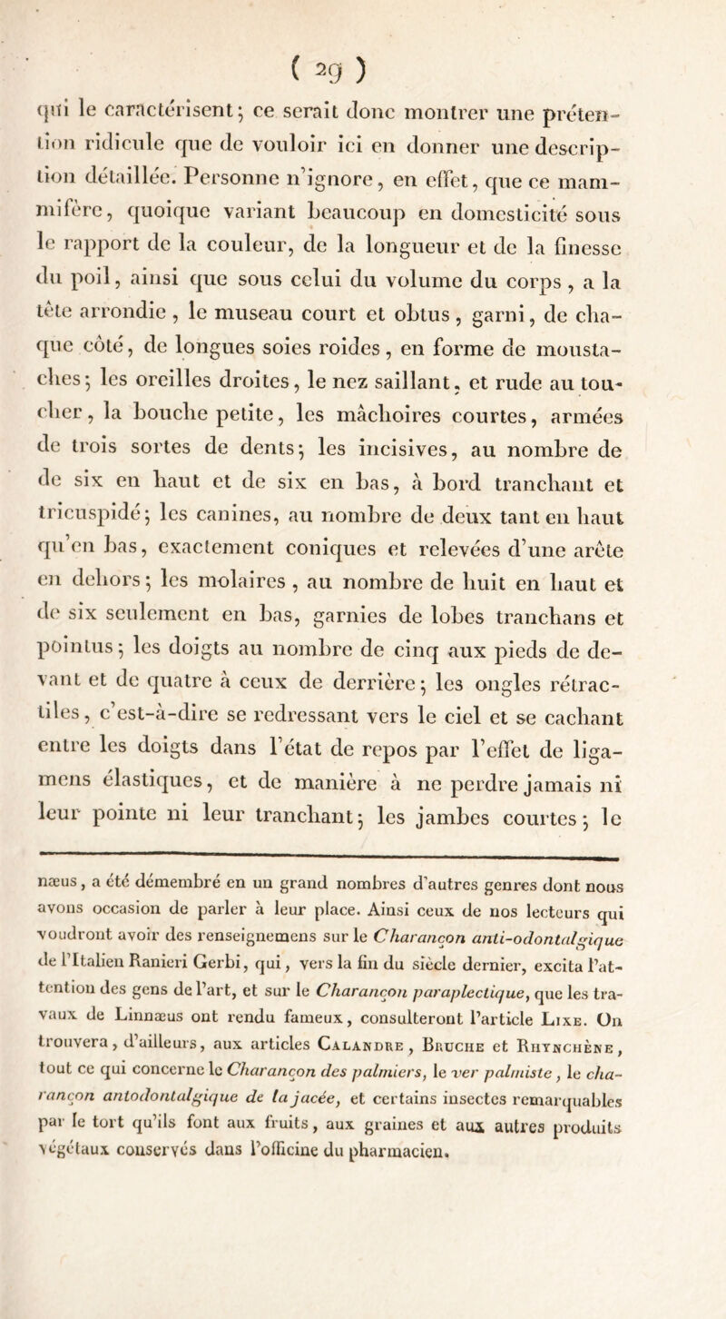 qui le caractérisent ; ce serait donc montrer une préten- tion ridicule que de vouloir ici en donner une descrip- tion détaillée. Personne n’ignore, en effet, que ce mam- mifère, quoique variant beaucoup en domesticité sous le rapport de la couleur, de la longueur et de la finesse du poil, ainsi que sous celui du volume du corps , a la tète arrondie, le museau court et obtus, garni, de cha- que côté, de longues soies roides, en forme de mousta- ches*, les oreilles droites, le nez saillant, et rude au tou- cher, la bouche petite, les mâchoires courtes, armées de trois sortes de dentsj les incisives, au nombre de de six en haut et de six en bas, à bord tranchant et tricuspidé ; les canines, au nombre de deux tant en haut qu’en bas, exactement coniques et relevées d’une arête en dehors ; les molaires , au nombre de huit en haut et de six seulement en bas, garnies de lobes tranchans et pointus 5 les doigts au nombre de cinq aux pieds de de- vant et de quatre à ceux de derrière} les ongles rétrac- tiles, c’est-à-dire se redressant vers le ciel et se cachant entre les doigts dans l’état de repos par l’effet de liga- mens élastiques, et de manière à ne perdre jamais ni leur pointe ni leur tranchant 5 les jambes courtes j le næus, a été démembré en un grand nombres d’autres genres dont nous avons occasion de parler à leur place. Ainsi ceux de nos lecteurs qui voudront avoir des renseignemens sur le Charançon anti-o doutaigique de l1 Italien Ranieri Gerbi, qui, vers la fin du siècle dernier, excita Pat- tention des gens de l’art, et sur le Charançon paraplectique, que les tra- vaux de Linnæus ont rendu fameux, consulteront l’article Lixe. On tiouvera, dailleurs, aux articles Calandre, Bruche et Rhynchène, tout ce qui concerne le Charançon des palmiers, le ver palmiste, le cha- rançon antodonlalgique de la jacée, et certains insectes remarquables par le tort qu’ils font aux fruits, aux graines et aui autres produits végétaux conservés dans l’officine du pharmacien.