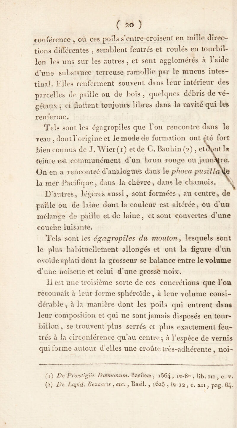 conférence , où ces poils s’entre-croisent en mille direc- tions différentes , semblent feutrés et roulés en tourbil- lon les uns sur les autres , et sont agglomérés à l’aide d’une substance terreuse ramollie par le mucus intes- tinal, Elles renferment souvent dans leur intérieur des parcelles de paille ou de bois , quelques débris de vé- gétaux , et flottent toujours libres dans la cavité qui les renferme. Tels sont les égagropiles que l’on rencontre dans le veau , dont l’origine et le mode de formation ont gté fort bien connus de J. Wier(i) et de C. Bauhin (2), etffçnt la \ teinte est communément d’un brun ronge ou jaunie. On en a rencontré d’analogues dans le phoca pusilla de la mer Pacifique, dans la chèvre, dans le chamois. \ D’autres, légères aussi, sont formées , au centre, de paille ou de laine dont la couleur est altérée, ou dut» mélange de paille et de laine, et sont couvertes d’une couche luisante. Tels sont. ies égagropiles du mouton, lesquels sont le plus habituellement allongés et ont la figure d’un ovoïde aplati dont la grosseur se balance entre le volume d’une noisette et celui d’une grosse noix. 11 est une troisième sorte de ces concrétions que l’on reconnaît à leur forme sphéroïde , à leur volume consi- dérable , à la manière dont les poils qui entrent dans leur composition et qui ne sont jamais disposés en tour- billon , se trouvent pins serrés et plus exactement feu- trés à la circonférence qu’au centre; à l’espèce de vernis qui forme autour d’elles une croûte très-adhérente, noi- ( 1) De Prœsti-giis Dœmonum. Basileæ , i564 , in-8° , lib. m , c. v. {2) De Lapid. Bczaaris , etc., Basil. , 1625 , in-12 , c, xn ; pag. 64»