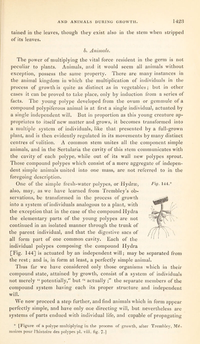 tained in the leaves, though they exist also in the stern when stripped of its leaves. b. Animals. The power of multiplying the vital force resident in the germ is not peculiar to plants. Animals, and it would seem all animals without exception, possess the same property. There are many instances in the animal kingdom in which the multiplication of individuals in the process of growth is quite as distinct as in vegetables; but in other cases it can be proved to take place, only by induction from a series of facts. The young polype developed from the ovum or gemmule of a compound polypiferous animal is at first a single individual, actuated by a single independent will. But in proportion as this young creature ap¬ propriates to itself new matter and grows, it becomes transformed into a multiple system of individuals, like that presented by a full-grown plant, and is then evidently regulated in its movements by many distinct centres of volition. A common stem unites all the component simple animals, and in the Sertularia the cavity of this stem communicates with the cavity of each polype, while out of its wall new polypes sprout. Those compound polypes which consist of a mere aggregate of indepen¬ dent simple animals united into one mass, are not referred to in the foregoing description. One of the simple fresh-water polypes, or Hydrae, also, may, as we have learned from Trembley’s ob¬ servations, be transformed in the process of growth into a system of individuals analogous to a plant, with the exception that in the case of the compound Hydra the elementary parts of the young polypes are not continued in an isolated manner through the trunk of the parent individual, and that the digestive sacs of all form part of one common cavity. Each of the individual polypes composing the compound Hydra [Fig. 144] is actuated by an independent will; may be separated from the rest; and is, in form at least, a perfectly simple animal. Thus far we have considered only those organisms which in their compound state, attained by growth, consist of a system of individuals not merely “ potentially,” but actually ;” the separate members of the compound system having each its proper structure and independent will. We now proceed a step further, and find animals which in form appear perfectly simple, and have only one directing will, but nevertheless are systems of parts endued with individual life, and capable of propagating * [Figure of a polype multiplying in the process of growth, after Trembley, M£- moires pour l’histoire des polypes pi. viii. fig. 7-]