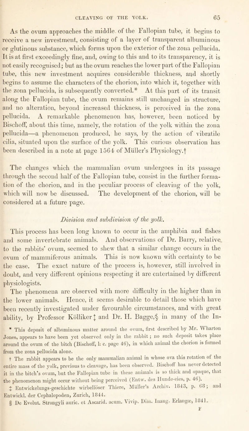 As the ovum approaches the middle, of the Fallopian tube, it begins to receive a new investment, consisting of a layer of transparent albuminous or glutinous substance, which forms upon the exterior of the zona pellucida. It is at first exceedingly fine, and, owing to this and to its transparency, it is not easily recognised; but as the ovum reaches the lower part of the Fallopian tube, this new investment acquires considerable thickness, and shortly begins to assume the characters of the chorion, into which it, together with the zona pellucida, is subsequently converted.* At this part of its transit along the Fallopian tube, the ovum remains still unchanged in structure, and no alteration, beyond increased thickness, is perceived in the zona pellucida. A remarkable phenomenon has, however, been noticed by Bischoff, about this time, namely, the rotation of the yolk within the zona pellucida—a phenomenon produced, he says, by the action of vibratile cilia, situated upon the surface of the yolk. This curious observation has been described in a note at page 1564 of Muller’s Physiology, j The changes which the mammalian ovum undergoes in its passage through the second half of the Fallopian tube, consist in the further forma¬ tion of the chorion, and in the peculiar process of cleaving of the yolk, which will now be discussed. The development of the chorion, will be considered at a future page. Division and subdivision of the yolk. This process has been long known to occur in the amphibia and fishes and some invertebrate animals. And observations of Dr. Barry, relative to the rabbits’ ovum, seemed to shew that a similar change occurs in the ovum of mammiferous animals. This is now known with certainty to be the case. The exact nature of the process is, however, still involved in doubt, and very different opinions respecting it are entertained by different physiologists. The phenomena are observed with more difficulty in the higher than in the lower animals. Hence, it seems desirable to detail those which have been recently investigated under favourable circumstances, and with great ability, by Professor Kolliker \ and Dr. II. Bagge,§ in many of the In- * This deposit of albuminous matter around the ovum, first described by Mr. TV harton Jones, appears to have been yet observed only in the rabbit ; no such deposit takes place around the ovum of the bitch (Bischoff, 1: c. page 46), in which animal the chorion is formed from the zona pellucida alone. t The rabbit appears to be the only mammalian animal in whose ova this rotation of the entire mass of the yolk, previous to cleavage, has been observed. Bischoff has never detected it in the bitch’s ovum, but the Fallopian tube in these animals is so thick and opaque, that the phenomenon might occur without being perceived (Entw. des Hunde-eies, p. 46). X Entwickelungs-geschichte wirbelloser Thiere, Muller’s Archiv. 1o4.j, p. 6b, and Entwickl. der Cephalopoden, Zurich, 1844. § De Evolut. Strongyli auric, et Ascarid. acum. Vivip. Diss. Inaug. Erlangse, 1841. E