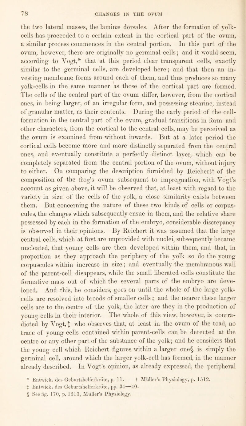 the two lateral masses, the laminae dorsales. After the formation of yolk- cells has proceeded to a certain extent in the cortical part of the ovum, a similar process commences in the central portion. In this part of the ovum, however, there are originally no germinal cells; and it would seem, according to Vogt,* that at this period clear transparent cells, exactly similar to the germinal cells, are developed here; and that then an in¬ vesting membrane forms around each of them, and thus produces so many yolk-cells in the same manner as those of the cortical part are formed. The cells of the central part of the ovum differ, however, from the cortical ones, in being larger, of an irregular form, and possessing stearine, instead of granular matter, as their contents. During the early period of the cell- formation in the central part of the ovum, gradual transitions in form and other characters, from the cortical to the central cells, may be perceived as the ovum is examined from without inwards. But at a later period the cortical cells become more and more distinctly separated from the central ones, and eventually constitute a perfectly distinct layer, which can he completely separated from the central portion of the ovum, without injury to either. On comparing the description furnished hy Reichert] of the composition of the frog’s ovum subsequent to impregnation, with Vogt’s account as given above, it will be observed that, at least with regard to the variety in size of the cells of the yolk, a close similarity exists between them. But concerning the nature of these two kinds of cells or corpus- cules, the changes which subsequently ensue in them, and the relative share possessed hy each in the formation of the embryo, considerable discrepancy is observed in their opinions. By Reichert it was assumed that the large central cells, which at first are unprovided with nuclei, subsequently became nucleated, that young cells are then developed within them, and that, in proportion as they approach the periphery of the yolk so do the young corpuscules within increase in size; and eventually the membranous wall of the parent-cell disappears, while the small liberated cells constitute the formative mass out of which the several parts of the embryo are deve¬ loped. And this, he considers, goes on until the whole of the large yolk- cells are resolved into broods of smaller cells ; and the nearer these larger cells are to the centre of the yolk, the later are they in the production of young cells in their interior. The whole of this view, however, is contra¬ dicted by Vogt, \ who observes that, at least in the ovum of the toad, no trace of young cells contained within parent-cells can be detected at the centre or any other part of the substance of the yolk; and he considers that the young cell which Reichert figures within a larger one§> is simply the germinal cell, around which the larger yolk-cell has formed, in the manner already described. In Vogt’s opinion, as already expressed, the peripheral * Entwick. des Geburtshelferkrbte, p. 11. t Muller’s Physiology, p. 1512. } Entwick. des Geburtshelferkrute, pp. 34—40. § See fig. 170, p. 1513, Muller’s Physiology.