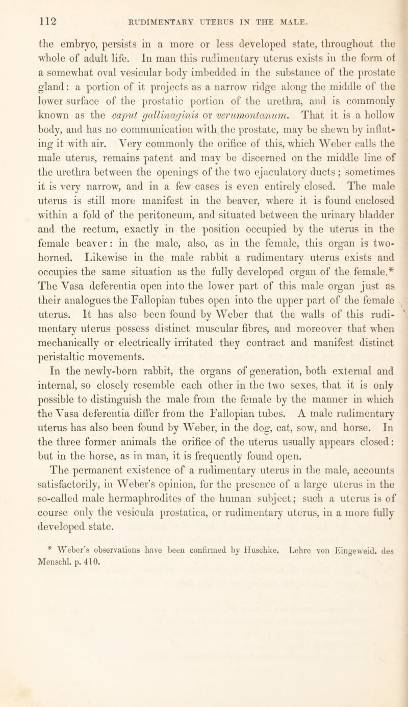 the embryo, persists in a more or less developed state, throughout the whole of adult life. In man this rudimentary uterus exists in the form of a somewhat oval vesicular body imbedded in the substance of the prostate gland: a portion of it projects as a narrow ridge along the middle of the lower surface of the prostatic portion of the urethra, and is commonly known as the caput gallinaginis or verumontanum. That it is a hollow body, and has no communication with the prostate, may be shewn by inflat¬ ing it with air. Very commonly the orifice of this, which Weber calls the male uterus, remains patent and may be discerned on the middle line of the urethra between the openings of the two ejaculatory ducts ; sometimes it is very narrow, and in a few cases is even entirely closed. The male uterus is still more manifest in the beaver, where it is found enclosed within a fold of the peritoneum, and situated between the urinary bladder and the rectum, exactly in the position occupied by the uterus in the female beaver: in the male, also, as in the female, this organ is two¬ horned. Likewise in the male rabbit a rudimentary uterus exists and occupies the same situation as the fully developed organ of the female.* The Vasa deferentia open into the lower part of this male organ just as their analogues the Fallopian tubes open into the upper part of the female uterus. It has also been found bv Weber that the walls of this rudi- */ mentary uterus possess distinct muscular fibres, and moreover that when mechanically or electrically irritated they contract and manifest distinct peristaltic movements. In the newly-born rabbit, the organs of generation, both external and internal, so closely resemble each other in the two sexes, that it is only possible to distinguish the male from the female by the manner in which the Vasa deferentia differ from the Fallopian tubes. A male rudimentary uterus has also been found by Weber, in the dog, cat, sow, and horse. In the three former animals the orifice of the uterus usually appears closed: but in the horse, as in man, it is frequently found open. The permanent existence of a rudimentary uterus in the male, accounts satisfactorily, in Weber’s opinion, for the presence of a large uterus in the so-called male hermaphrodites of the human subject; such a uterus is of course only the vesicula prostatica, or rudimentary uterus, in a more fully developed state. * Weber’s observations have been confirmed by Iluschke. Lehre von Eingeweid. des Menschl. p. 410.