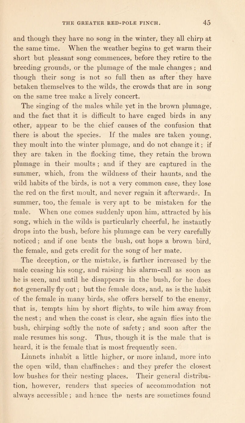 and though they have no song in the winter, they all chirp at the same time. When the weather begins to get warm their short but pleasant song commences, before they retire to the breeding grounds, or the plumage of the male changes ; and though their song is not so full then as after they have betaken themselves to the wilds, the crowds that are in song on the same tree make a lively concert. The singing of the males while yet in the brown plumage, and the fact that it is difficult to have caged birds in any other, appear to be the chief causes of the confusion that there is about the species. If the males are taken young, they moult into the winter plumage, and do not change it; if they are taken in the flocking time, they retain the brown plumage in their moults ; and if they are captured in the summer, which, from the wildness of their haunts, and the wild habits of the birds, is not a very common case, they lose the red on the first moult, and never regain it afterwards. In summer, too, the female is very apt to be mistaken for the male. When one comes suddenly upon him, attracted by his song, which in the wilds is particularly cheerful, he instantly drops into the bush, before his plumage can be very carefully noticed; and if one beats the bush, out hops a brown bird, the female, and gets credit for the song of her mate. The deception, or the mistake, is farther increased by the male ceasing his song, and raising his alarm-call as soon as he is seen, and until he disappears in the bush, for he does not generally fly out; but the female does, and, as is the habit of the female in many birds, she offers herself to the enemv, that is, tempts him by short flights, to wile him away from the nest; and when the coast is clear, she again flies into the bush, chirping softly the note of safety; and soon after the male resumes his song. Thus, though it is the male that is heard, it is the female that is most frequently seen. Linnets inhabit a little higher, or more inland, more into the open wild, than chaffinches : and they prefer the closest low bushes for their nesting places. Their general distribu¬ tion, however, renders that species of accommodation not always accessible; and hence the nests are sometimes found
