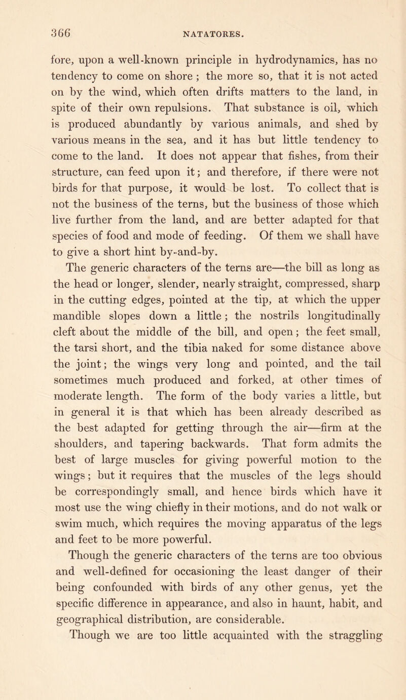 fore, upon a well-known principle in hydrodynamics, has no tendency to come on shore ; the more so, that it is not acted on by the wind, which often drifts matters to the land, in spite of their own repulsions. That substance is oil, which is produced abundantly by various animals, and shed by various means in the sea, and it has but little tendency to come to the land. It does not appear that fishes, from their structure, can feed upon it; and therefore, if there were not birds for that purpose, it would be lost. To collect that is not the business of the terns, but the business of those which live further from the land, and are better adapted for that species of food and mode of feeding. Of them we shall have to give a short hint by-and-by. The generic characters of the terns are—the bill as long as the head or longer, slender, nearly straight, compressed, sharp in the cutting edges, pointed at the tip, at which the upper mandible slopes down a little; the nostrils longitudinally cleft about the middle of the bill, and open; the feet small, the tarsi short, and the tibia naked for some distance above the joint; the wings very long and pointed, and the tail sometimes much produced and forked, at other times of moderate length. The form of the body varies a little, but in general it is that which has been already described as the best adapted for getting through the air—firm at the shoulders, and tapering backwards. That form admits the best of large muscles for giving powerful motion to the wings; but it requires that the muscles of the legs should be correspondingly small, and hence birds which have it most use the wing chiefly in their motions, and do not walk or swim much, which requires the moving apparatus of the legs and feet to be more powerful. Though the generic characters of the terns are too obvious and well-defined for occasioning the least danger of their being confounded with birds of any other genus, yet the specific difference in appearance, and also in haunt, habit, and geographical distribution, are considerable. Though we are too little acquainted with the straggling