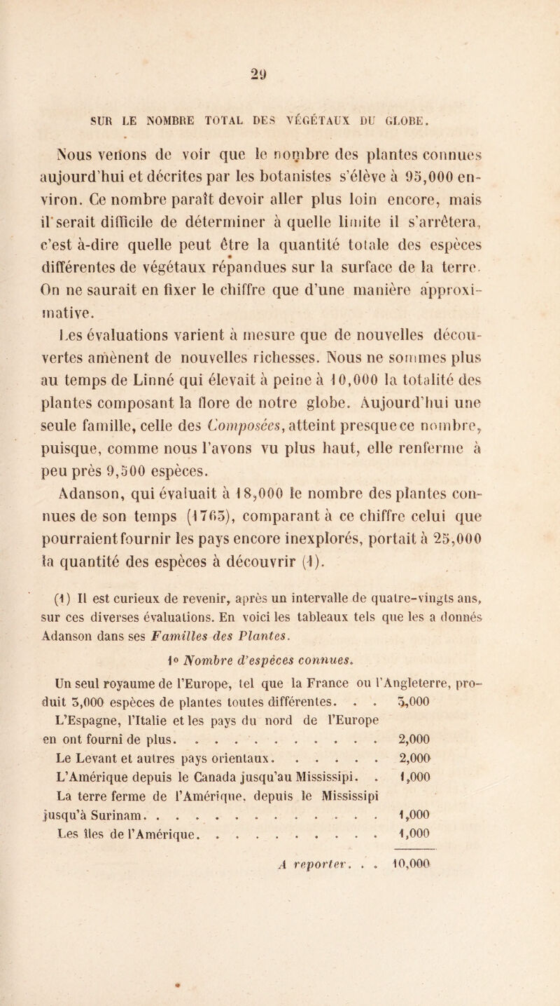 SUR LE NOMBRE TOTAL DES VÉGÉTAUX DU GLOBE. Nous venons de voir que le nombre des plantes connues aujourd’hui et décrites par les botanistes s’élève à 95,000 en- viron. Ce nombre paraît devoir aller plus loin encore, mais U serait difficile de déterminer à quelle limite il s’arrêtera, c’est à-dire quelle peut être la quantité toiale des espèces différentes de végétaux répandues sur la surface de la terre. On ne saurait en fixer le chiffre que d’une manière approxi- mative. Les évaluations varient à mesure que de nouvelles décou- vertes amènent de nouvelles richesses. Nous ne sommes plus au temps de Linné qui élevait à peine à 10,000 la totalité des plantes composant la flore de notre globe. Aujourd’hui une seule famille, celle des Composées, atteint presque ce nombre, puisque, comme nous l’avons vu plus haut, elle renferme à peu près 9,500 espèces. Àdanson, qui évaluait à 18,000 le nombre des plantes con- nues de son temps (1765), comparant à ce chiffre celui que pourraient fournir les pays encore inexplorés, portait à 25,000 la quantité des espèces à découvrir (1). (1) Il est curieux de revenir, après un intervalle de quatre-vingts ans, sur ces diverses évaluations. En voici les tableaux tels que les a donnés Adanson dans ses Familles des Plantes. 1® Nombre d’espèces connues. Un seul royaume de l’Europe, tel que la France ou l’Angleterre, pro- duit 5,000 espèces de plantes toutes différentes. . . 5,000 L’Espagne, l’Italie et les pays du nord de l’Europe en ont fourni de plus. 2,000 Le Levant et autres pays orientaux 2,000 L’Amérique depuis le Canada jusqu’au Mississipi. . 1,000 La terre ferme de l’Amérique, depuis le Mississipi jusqu’à Surinam 1,000 Les Iles de l’Amérique 1,000 A reporter. . . 10,000