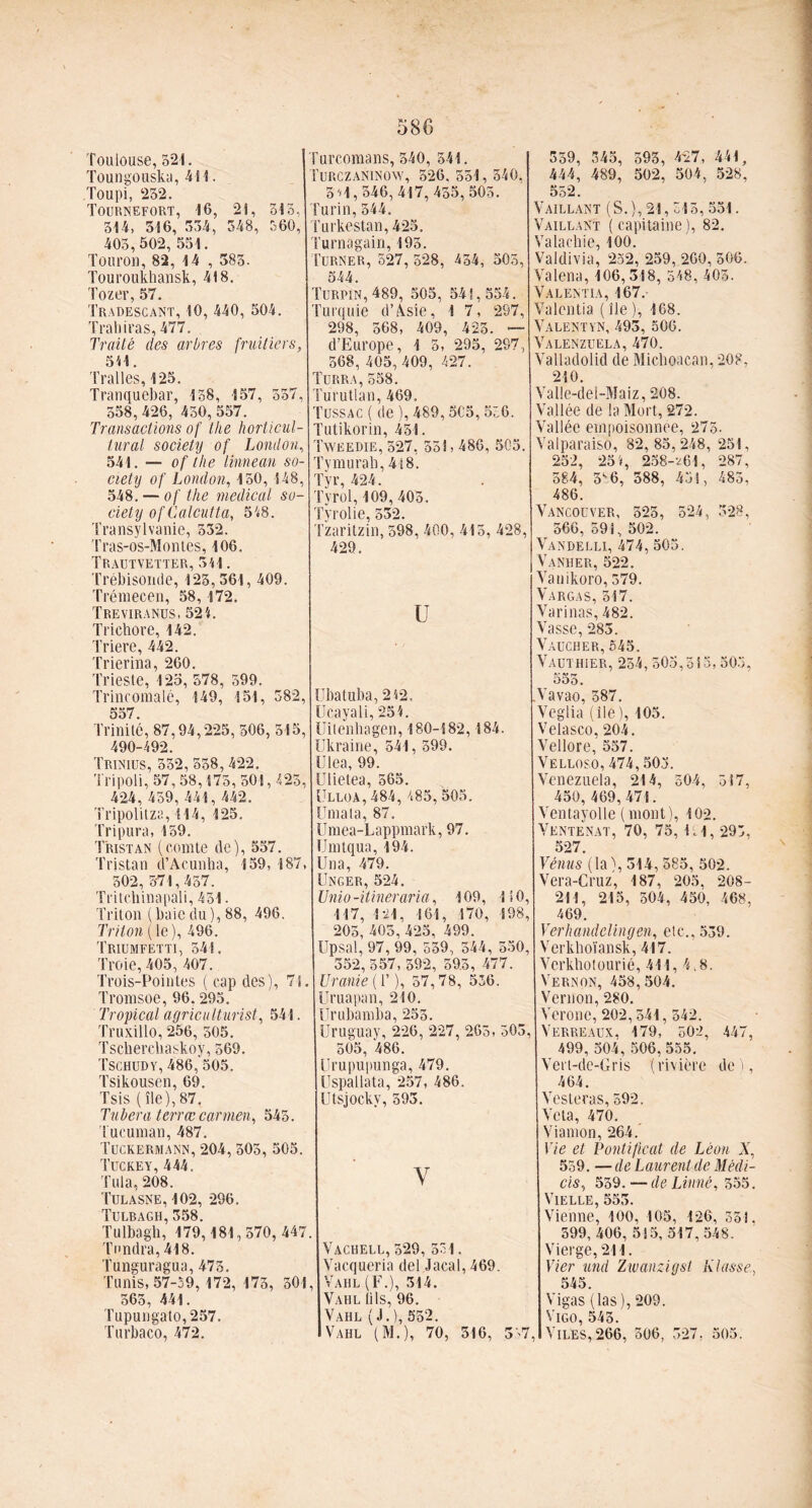Toulouse, 52-1. Toungouska, 411. Toupi, 232. Tournefort, 16, 21, 315, 314, 316, 334, 348, 560, 403,502, 351. Touron, 82, 14 , 383. Touroukhansk, 418. Tozer, 57. Tradescant, 10, 440, 504. Trahiras, 477. Traité des arbres fruitiers, 511. Tralles, 125. Tranquebar, 158, 157, 557, 358,426, 430,557. Transactions of the horticul- tural society of London, 541. — of the linnean so- ciety of London, 150,148, 548. — of the medical so- ciety of Calcutta, 548. Transylvanie, 532. Tras-os-Montes, 106. Trautvetter, 311. Trébisonde, 123,361, 409. Trémecen, 58,172. Treviranus, 524. Trichore, 142. Triere, 442. Trierina, 260. Trieste, 123, 578, 599. Trincomalé, 149, 151, 382, 557. Trinité, 87,94,225, 506, 515, 490-492. Trenius, 532, 558, 422. Tripoli, 57,58,175, 501,425, 424, 459, 441, 442. ïripolitza, 114, 125. Tripura, 159. Tristan (comte de), 557. Tristan d’Acunha, 159, 187, 302, 571,457. Tritchinapali, 431. Triton (baie du), 88, 496. Triton ( le), 496. Triümfetti, 341. Troie, 405, 407. Trois-Pointes ( cap des), 71. Tromsoe, 96.295. Tropical agriculturist, 541. Truxillo, 256, 305. Tschercliaskoy, 569. Tschudv, 486, 505. Tsikousen, 69. Tsis (île),87. Tubera terrœ carmen, 545. Tucuman, 487. Tuckermann, 204, 305, 505. Tuckey, 444. Tula, 208. TULASNE,102, 296. Tulbagh, 358. Tulbagb, 179,181,570,447. Tondra, 418. Tunguragua, 475. Tunis, 57-59, 172, 173, 501, 363, 441. Tupungato,257. Turbaco, 472. Turcomans, 540, 541. TURCZANINOW, 526. 551, 540, 3M, 346, 417, 455, 503. Turin, 344. Turkestan, 425. Turnagain, 193. TüRNER, 527, 528, 454, 505, 544. Turpin, 489, 505, 541,554. Turquie d’Asie, 1 7, 2S7, 298, 568, 409, 423. — d’Europe, 1 5, 295, 297, 568, 405, 409, 427. Turra,558. Turutlan, 469. Tüssac ( de ), 489, 5C5, 536. Tutikorin, 451. Tweedie, 527, 351,486, 505. Tymurah, 418. Tyr, 424. Tyrol, 109,403. Tyrolie, 532. Tzaritzin, 598, 400, 415, 428, 429. U Ubatuba, 212, Ucayali, 251. Uitenhagen, 180-182,184. Ukraine, 541, 599. Ulea, 99. Ulietea, 565. ÜLLOA,484, 485,505. Umala, 87. Umea-Lappmark, 97. TJmtqua, 194. Un a, 479. Unger, 524. Unio-itineraria, 109, 110, 117, 121, 161, 170, 198, 205, 405,425, 499. Upsal, 97, 99, 539, 344, 550, 352, 557,592, 595, 477. Uranie (T ), 57,78, 536. üruapan, 210. IJrubamba, 255. Uruguay, 226, 227, 265. 503, 505, 486. Urupupunga, 479. Uspallata, 257, 486. Utsjockv, 593. y Vachell, 529, 331. Yacqueria del Jacal, 469. Vahl (F.), 314. Vahl lils, 96. Vahl (J.), 552. Vahl (M.), 70, 516, 337 359, 345, 593, 427, 441, 444, 489, 502, 504, 528, 552. Vaillant (S.), 21,315, 551. Vaillant (capitaine), 82. Valachie, 100. Vaidivia, 252, 259, 260, 306. Valena, 106,318, 548, 403. Valentia, 167. Valentia ( île ), 168. Valentyn, 493, 506. Valenzuela, 470. Valladolid de Michoacan, 208, 210. Valle-del-Maiz, 208. Vallée de la Mort, 272. Vallée empoisonnée, 275. Yalparaiso, 82,85,248, 251, 252, 25i, 258-^61, 287, 584, 36, 388, 43!, 483, 486. Vancouver, 325, 524, 328, 566, 591, 502. Vandelli, 474, 503. Vanher, 522. Vanikoro, 379. Vargas, 317. Va ri nas, 482. Vasse, 283. Vaucher, 545. Vautiher, 254,505,513,503, 555. .Yavao, 587. Veglia (île), 105. Velasco, 204. Vellore, 557. Vellos.o, 474, 503. Venezuela, 214, 504, 317, 450,469,471. Ventayolle (mont), 102. Ventenat, 70, 75, 1.1,293, 527. Vénus (la\ 314, 585, 502. Vera-Cruz, 187, 203, 208- 211, 215, 504, 450, 468, 469. Verhandelingen, etc., 539. Verkhoïansk, 417. Verkhotourié, 411, 4.8. Vernon, 458,504. Vernon, 280. Vérone, 202,541, 542. VerREAUX, 179, 502, 447, 499, 304, 506,555. Vert-de-Gris (rivière del, 464. Vesteras, 592. Ve ta, 470. Viamon, 264. Vie et Pontificat de Léon X, 559. — de Laurent de Médi- cis, 539. — de Linné, 555. Vielle, 553. Vienne, 100, 105, 126, 351. 599, 406, 515, 517,548. Vierge, 211. Vier und Zwanzigst Liasse, 545. Vigas (las), 209. Yigo, 543. , Viles, 266, 506, 327, 505.