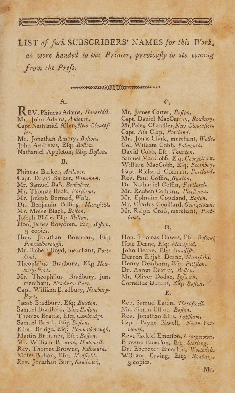    from the Prefs.  REV. Phineas Adams, Haverhill Mr. John Adams, Andover. Capt.Nathaniel Allen, New-Glouce/- ter. a Mr. Jonathan Amory, Boftoit. John Andrews, Efq; Boflon. Nathaniel Appleton, Efq; Loffon. B. Phineas Barker, Andover. Capt. David Barker, Windham. Mr. Samuel Bals. Braintree. Mr. Thomas Beck, Portland. Mr, Jofeph Bernard, Wells. Dr. Benjamin Billing,» Mansfeld. Mr. Mofes Black, Bofton. Jofeph Blake, Efq; Milton. Hon. James Bowdoin, Efg; Bofton, 3 copies. Hon, Jonathan Bowman, Efq; Pownalborough. Mr. Robertsboyd, merchant, Port- fand, ; Theophilus Bradbury, Efq; New- bury- Port. Mr. Theophilus. Bradbury, jun. merchant, Newbury- Port. Port. Jacob Bradbury, Efq; Buxton. Samuel Bradford, Efq; Bo/fon. Thomas Brattle, Ef{q; Cambridge. Samuel Breck, Efq; Bojfton. Edm. Bridge, Efq; Pownalborough. Martin Brimmer, Efq; Bofton. Mr. William Brooks, Hollowell. Rev. Thomas Browne, Falmouth. Mr, James Carter, Bofton. — Capt. Daniel MacCarthy, Roxbury. Mr.Peleg Chandler,New-Glouceftere Capt. Afa Clap, Portland. Pa Mr. Jonas Clark, merchant, Wellse Col. William Cobb, Falmouth. og David Cobb, Efg; Taunton. oS Samuel MacCobb, Efq; Georgetowte William MacCobb, Efg; Boothbaye Capt. Richard Codman, Porilande Rev. Paul Coffin, Buxton. | Dr. Nathaniel Coffin, Portland. Mr. Reuben Colburn, Prttfowne Mr. Ephraim Copeland, Bo/ton. Mr. Charles Couillard, Georgetown, Mr, Ralph Crofs, merchant, Ports land. Z erm pHs?       D. Hon. Thomas Dawes, Efq; Boflong John Deane, Elq; Standiyfh, Deacon Elijah Deane, Mansfeld, Henry Dearborn, Efq; Prttfion. Dr. Aaron Dexter, Boffon. —- Mr, Oliver Dodge, Ipfwich. Cornelius Durant, Efq; Bojton. , E, a Rev. Samuel Eaton, ‘Harpfwell. oF Mr. Simon Elliot, Bofton. ° se Rev. Jonathan Ellis, Lopfham. a Capt. Payne Elwell, North-Yars mouth. Hoe aes, Rev, Ezekiel Emerfon, Georgetownte Browne Emerfon, Eig; Sterling. . Dr. Ebenezer Emerfon, Woolwich. William Erving, Elg; Roxbury, 3 copies, het  