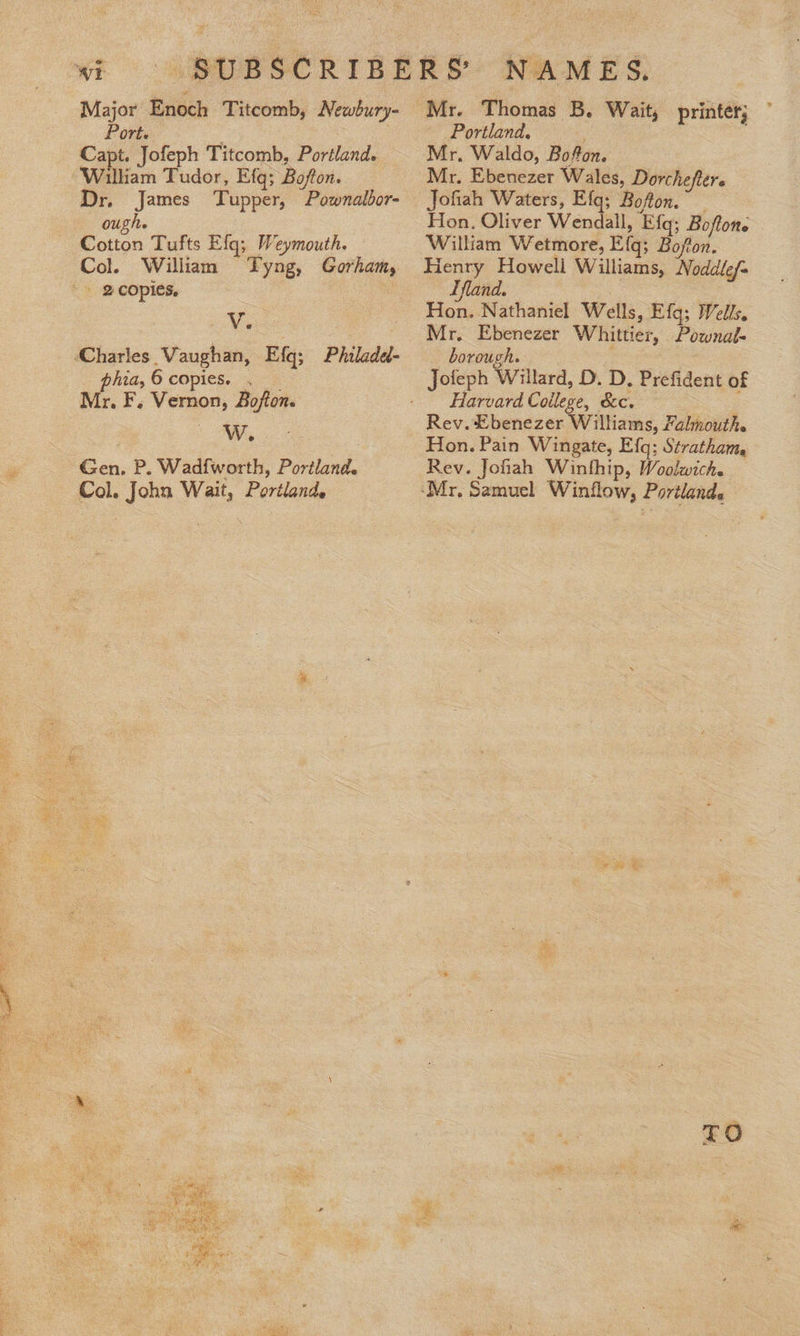  Major Enoch Titcomb, Newbury- Capt. Jofeph Titcomb, Portland. William Tudor, Efg; Bofton. Dr, James Tupper, Pownalbor- Cotton Tufts Efgq; Weymouth. Col. William Tyng, Gorham, Charles Vaughan, Efq; Philade- _. phia,6 copies. , __ OW, Gen. P. Wadf{worth, Portland. Col. John Wait, Portland. Mr. Thomas B. Wait, printer; Mr. Waldo, Bofon. Mr. Ebenezer Wales, Dorcheftere Jofiah Waters, Efg; Bofon. — William Wetmore, Efq; Bofton. Henry Howell Williams, Noddlef~ tae, Nathaniel Wells, Efg; Wells. Mr. Ebenezer Whittier, Pozwnal- borough. : Jofeph Willard, D. D. Prefident of Rev. Ebenezer Williams, Falmouth. Hon. Pain Wingate, Efq; Stratham, Rev. Johah Winthip, Woolwich. TO