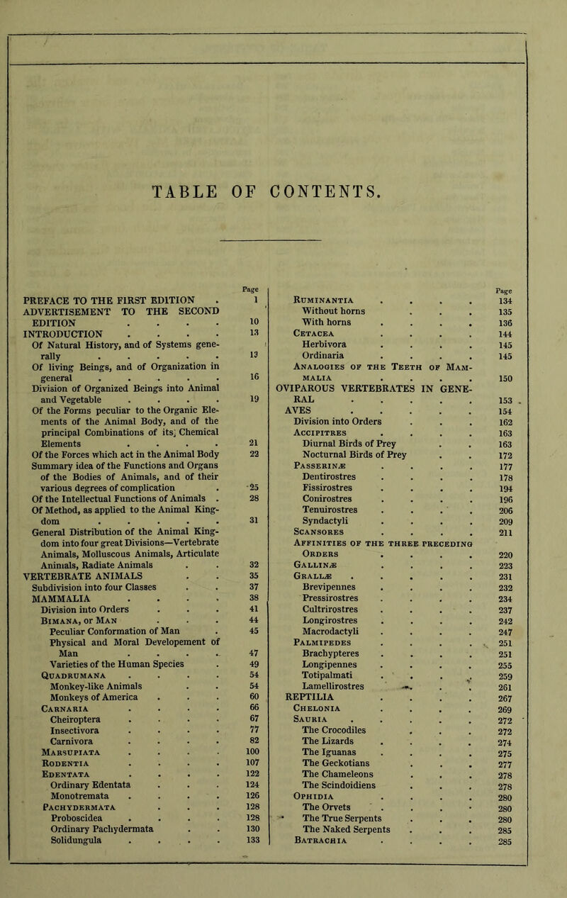 TABLE OF CONTENTS. PREFACE TO THE FIRST EDITION Page 1 Ruminantia Page 134 ADVERTISEMENT TO THE SECOND Without horns 135 EDITION .... 10 With horns 136 INTRODUCTION .... 13 Cetacea 144 Of Natural History, and of Systems gene- Herbivora 145 rally ..... 13 Ordinaria 145 Of living Beings, and of Organization in general ..... 16 Analogies of the Teeth of malia Mam- 150 Division of Organized Beings into Animal and Vegetable .... 19 OVIPAROUS VERTEBRATES IN RAL GENE- 153 Of the Forms peculiar to the Organic Ele- AVES 154 ments of the Animal Body, and of the Division into Orders 162 principal Combinations of its; Chemical Accipitres 163 Elements .... 21 Diurnal Birds of Prey 163 Of the Forces which act in the Animal Body 22 Nocturnal Birds of Prey 172 Summary idea of the Functions and Organs Passerine 177 of the Bodies of Animals, and of their Dentirostres 178 various degrees of complication 25 Fissirostres 194 Of the Intellectual Functions of Animals . 28 Conirostres 196 Of Method, as applied to the Animal King- Tenuirostres 206 dom ..... 31 Syndactyli 209 General Distribution of the Animal King- Scansores 211 dom into four great Divisions—Vertebrate Animals, Molluscous Animals, Articulate Affinities of the three preceding Orders .... 220 Animals, Radiate Animals 32 GALLIN/E 223 VERTEBRATE ANIMALS 35 Grall* 231 Subdivision into four Classes 37 Brevipennes 232 MAMMALIA .... 38 Pressirostres 234 Division into Orders 41 Cultrirostres 237 Bimana, or Man 44 Longirostres 242 Peculiar Conformation of Man 45 Macrodactyli 247 Physical and Moral Developement of Palmipedes 251 Man . . . .. 47 Brachypteres 251 Varieties of the Human Species 49 Longipennes 255 Quadrumana .... 54 Totipalmati 259 Monkey-like Animals 54 Lamellirostres 261 Monkeys of America 60 REPTILIA 267 Carnaria .... 66 Chelonia 269 Cheiroptera .... 67 Sauria 272 Insectivora .... 77 The Crocodiles 272 Carnivora .... 82 The Lizards 274 Marsupiata .... 100 The Iguanas 275 Rodentia .... 107 The Geckotians 277 Edentata .... 122 The Chameleons 278 Ordinary Edentata 124 The Scindoidiens 278 Monotremata .... 126 Ophidia 280 Pachydermata 128 The Orvets 280 Proboscidea .... 128 The True Serpents 280 Ordinary Pachydermata 130 The Naked Serpents 285 Solidungula .... 133 Batrachia 285