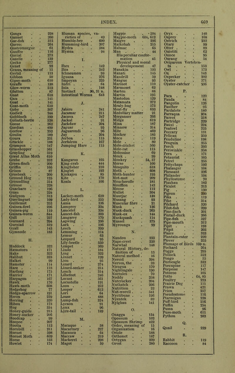 Ganga 228 Gannet 260 Gar-fish 315 Gar rot 264 Gastromargue 61 Gauffre 116 Gavial 273 Gazelle 139 Gecko 277 Genet 92 Genus, meaning of 15 Gerbil 113 Gibbon 50 Gipsy-moth 610 Giraffe 138 Glow-worm 512 Glutton 87 Gnat 618 Gnu 141 Goat . 141 Goat-moth 610 Goby . 307 Godwit 244 Goldfinch 199 Goliath-beetle 528 Goose 262 Gordian 400 Gorfew 252 Goulin 189 Goura 231 Grackle 188 Grampus 147 Grasshopper 561 Grayling 319 Great Atlas Moth 610 Grebe 252 Green-finch 200 Griffin 166 Grison 87 Grosbeak . 200 Ground Hog 125 Groundling 314 Grouse 228 Gnacharo . 196 Guan 224 Gudgeon 313 Guerlinguet 109 Guillemot 253 Guinea-fowl 226 Guinea-pig 119 Guinea-worm 644 Gull 257 Gurnard 294 Gurniad 319 Gyall 143 Gymnode 183 H. Haddock 322 Haematorn 171 Hake 322 Halibut 323 Halket 99 Hamster 114 Hare . 118 Harfang 175 Harrier 171 Harpagon 167 Hawk 170 Hawk-moth 608 Hedgehog 77 Hedge-sparrow 191 Heron 239 Herring , 320 Hibou 173 Hog 334 Honey-guide 215 Honey-sucker 206 Hoodcap 99 Hoopoe 207 Hootia 112 Hornbill 211 Hornet 598 Hornet Moth 609 Horse 133 Howlet 174 Human species, va- rieties of 49 Humble-bee 600 Humming-bird 207 Hydra 284 Hyaena 94 I. Ibex 142 Ibis 242 Ichneumon 93 Iguana 276 Impeyan 225 Indri . 64 Inia 148 Instinct 30, 31 n. Intestinal Worms 643 J. Jabiru 241 Jacamar 211 Jacana 247 Jackal 91 Jackdaw 204 Jaguar 95 Jaguarondi 96 Jay 204 Jerboa 115 Jerfalcon 167 Jumping Hare 115 K. Kangaroo . 105 King-crab 444 Kingfisher 210 Kinglet 192 Kinkajou , 85 Kite . 170 Koala 106 L. Lackey-moth 610 Lady-bird . 555 Lama 136 Lamprey 334 Lancelet 334 Lancet-fish 303 Laugarey . 179 Lapwing 236 Lark . 196 Leech 399 Lemming . 114 Lemur 63 Leopard 95 Lily-beetle . 550 Limpet 369 Liudo 184 Ling . 322 Linnet 199 Lion 95 Lizard 274 Lizard-seeker 214 Loach 314 Lobefoot 246 Locust 561 Locustelle 191 Loon . 252 Looper 612 Lori 64 Louse 488 Lump-fish 324 Lycaon 91 Lynx 96 Lyre-tail 189 M. Macaque . 58 Macartney 227 Macauco 64 Maccaw 219 Mackerel . 298 Magot 59 Magpie ■ 204 Magpie-moth 604, 612 MaigTe , 296 Malkohah 215 Malmac 65 Man . 44 His peculiar confor- mation 45 Physical and moral developement 47 Manakin 193 Manati 145 Mandrill 59 Mangue 93 Marinot 110 Marmoset 62 Marten 88 Martin 195 Mastodon . 129 Matamata 272 Mealy-bug 573 Meat-fly 633 Medullary matte 21 Merganser 266 Midge 619 Mina 187 Minnow 314 Mite 469 Mocker 185 Moco 119 Mole . 80 Mole-cricket 560 Mole-rat 115 Molossine 69 Monk . 99 Monkey 54, 57 Morse 100 Mosquito . 618 Moth . 608 Moth-hunter 195 Mot-mot 209 Moucherolle 181 Moufflon 142 Mouse 112 Mullet 304 Muntjac 138 Musang 93 Muscular fibre 21 Musk 136 Musk-duck 265 Musk-ox 144 Muskquasli 114 Mussel 375 Myrounga 99 N. Nandou 233 Nape-crest 220 Narwhal 148 Natural History, de- finition of 13 Natural method . 16 Nereid 394 Nerves, the 23 Nicagua 170 Nightingale 190 Noctules 70 Noddy 258 Nutcracker 204 Nuthatch . 206 Nutrition . 22 Nut-weevil . 541 Nyctibune . 196 Nyentek 89 Nylghau 141 O. Onagga 134 Opossum . 102 Opossum Shrimp 422 Order, meaning of 15 Organization 16 Oriole 1S8 Orthonet . 187 Ortygan 229 Orvet 280 Oryx . 140 Osprey 168 Ostrich 232 Otary 99 Otter . 89 Ouistiti 62 Ounce 95 Ourang 54 Oviparous Vertebra- ta . 153 Owl 173 Ox 143 Oxpecker . 202 Oyster 371 Oyster-catcher 236 P. Paca . 120 Panda 84 Pangolin 126 Panther 95 Pardalote . 180 Parraqua . 224 Parrot 218 Partridge . 229 Pauxi . 224 Peafowl 225 Peccary 131 Pelican 259 Penduline . 198 Penguin 255 Perch 293 Periwinkle 358 Pern . 171 Petaurist 105 Petrel 255 Pettychaps 192 Plialanger 104 Pheasant 226 Philander 104 Phyllostome 70 Piauhau 182 Piculet 213 Pig . 130 Pigeon 230 Pika . 119 Pike . 314 Pilchard 320 Pilot-fish 299 Pine-finch 201 Pintail-duck 266 Pipe-fish 327 Pipe-mouth 312 Pipit . 193 Pitpit 203 Plaice 323 Plantaiu-eater 220 Plover 235 Plumage of Birds 159 n. Pochard 264 Pogge 295 Pollock 322 Pongo 55 Porbeagle 332 Porcupine . 117 Porpoise 147 Potoroo 105 Potto 64, 85 Poultry 223 Prairie Dog 111 Prawn 421 Prion 257 Pseudostome 116 Ptarmigan 228 Puff-bird 216 Puffin 254 Puma 96 Puss-moth 611 Python 282 Q. Quail 229 R. Rabbit 119 Raccoon 84