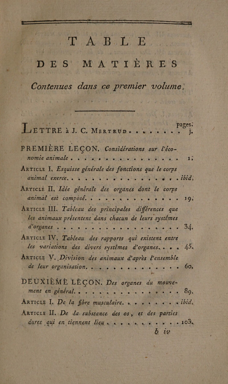 MAP EP DES MATIÈRES Contenues dans ce premier volume; L pages: ETTRE à J. Co MERTRUR nel ee Let a RC D  | PREMIERE LEÇON. Considérations sur l'éco- Momie aRimale JUSTE Mad olkete LAS US OE 50 (15 ArTicue Ï, Esquisse générale des fonctions que Le corps OA 'exeree. nn ne NE PS NOUS le id) ARTICLE Î], Idée générale des organes dont Le corps APM UUER COMDOME, De ce = UM eee en es 10 ARTICLE III. Tableau des principales différences que les animaux présentent dans chacun de leurs systèmes d’ organes e e e [1 L e C2 e e e e e ve a. e # L] e 34, ArTicre IV. Tableau des rapports qui existent entre les variations des. divers systémes d'organes. . + 45. Anricre V..Divisiénides animaux d’après ? me de leur organisation, TL LR tu eue dette alt : se 60. F DEUXIÈME LÉÇON. Des organes du mouve- IRÈRE SORA Se Cie uen de ce ee à AP 0 Ve Oo ARTICLE I. De Ja fibre musculaire. à + + + à +. + ibid. ArTicre I. De a. substance des 05, et des parties dures qi en tiennent Heu ae ete ae ce Ver à 141107 b 1e