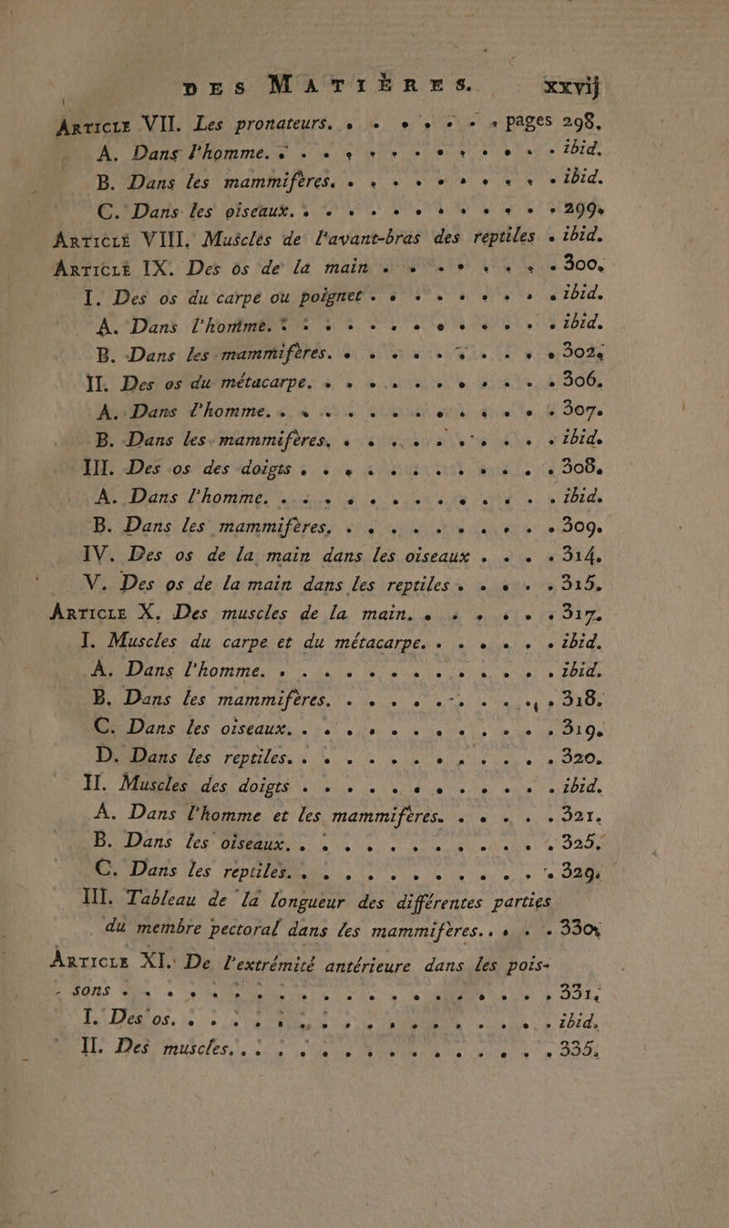 pes MATIÉËÉRES. Xxvij Arricre VII. Les pronateurs, + + + + + + + pages 298, | A. Dans l'homme. se. se + ee « 1bid, B. Dans les mammifères, . + + + + + + « + « ibid. C. Dans Les oiseaux. + + + + + + + + + + 299 Arrrieze VIII. Muscles de l'avant-bras des reptiles . ibid, ARTICLE IX. Des 65 de La main + + + + + + + ° 300. I. Des os du carpé ou poignet. + + + + + + + «ibid. VA Dans L'honimbs 6 56 ©, 8 0e 8 eee % ibid. B. Dans Les mammifères. + + «+ + + + + + 302 II. Des os du métacarpe. » » +. + + + + + + + 306. Ar DTres d'honmine. sn is Leu sn th, É 90m B. Dans Les, mammifères. AN ONE Ne CA TRE ELU E ENS ADS «os des ‘dosgis à. 4 re tar eu mule (à 300. PRÈS L'ROMRES donne tee de es de a - EDIdN D Dans) les imammifères, tte etes 1209 IV. Des os de la main dans les oiseaux . + + + 314. V. Des os de la main dans les reptiles. + + + . 315. AnTicre X, Des muscles de la main. « : . + + « 317. I. Muscles du carpe et du métacarpe. . . « + . . ibid. D Dans l'homme s. te 5e DAS LS oo Te Post B. Dans les mammifères. . . . . .-. . . .…, » 318. M HS US oiseau ete dore ee ele Lo de 19 910. PT tes renier. nh 4 à LUS. + 020. H. Muscles des CAT SNEENREENEt RER EEeE 77 À À. Dans l'homme et les mammiftres. . .« . . . 321. Dans Hs Re TS CU he: L 325€ Dans des repars + DU in ee ‘« OA TI]. Tableau de la longueur des différentes parties du membre pectoral dans Les mammifères. s + 330% ArRTicre XI. De l'extrémité antérieure dans les pois+ RAONS VE ee SOLS Re ST Ut DIS la Dmes, de. + 0 Re NN. A D'rhrd, À 1 PP PE CONS CS à 200 1 cet nee 04