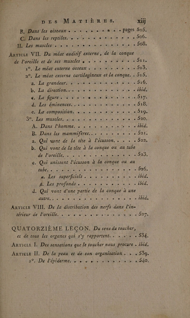 B. Dans Les oiseaux « + + . + + + 8 « + pages 505. C: Dans les reptiles... A ie 2: 4,406. JT. Les muscles. ee eee + + + ee 506. Arricze VII. Du méat auditif externe, de la conque DnOille ce do saptinuneles à te ts 6 0 NOEL BAT. 1°. Le méat externe osseux + + «+ + je + + + 513. 2°, Le méat externe cartilagineux et la conque. . 519. a. La grandeur. + + + ee ce ee. 516, Data demon nie et en ot ee 01 hidi €. La fyure. eue 3e 217, d. Les éminences. . +. ee + eve» jee + 918, e.. Le composition. +... ele ol + ee + 519. AO RES Ale ee A CU Ne 7 CT TR ar, Dai NAnmaines sl e 0e ee Me (0: 0af Z241de B. Dans les mammiftres... . . . . . . . 521. a. Qui vont de La tête à l'écusson. . . + . 522. b. Qui vont de la tére à la conque ou au tube AC Pardilien Ua CA À Lt «ANSE le T2 c. Qui unissent l'écusson à la conque ou au SAS 2 ADOPTANT ARR TS NS Ut Lo, a. Les superficiels . « . + + . « + . . tbid, DSP Ne e mia bi Ltd. d. Qui vont d'une partie de la conque à une autre, . e e e e v © e e e e e LJ e e ® ibid. ArTicre VIII. De la distribution des nerfs dans l’in- rieur ide oreilles ete ste aient nie sie de 4 080 0 0273 QUATORZIÈME LEÇON. Du sens du toucher, ex de tous Les organes qui s’y rapportent. . + + + 534. ARTICLE Î. Des sensations que le toucher nous procure . ibid, ARTicLe Il. De la peau et de son organisation . . . 539. Lei De l'épiderme, è e e e e e L] se C2 e 1 * 3490,