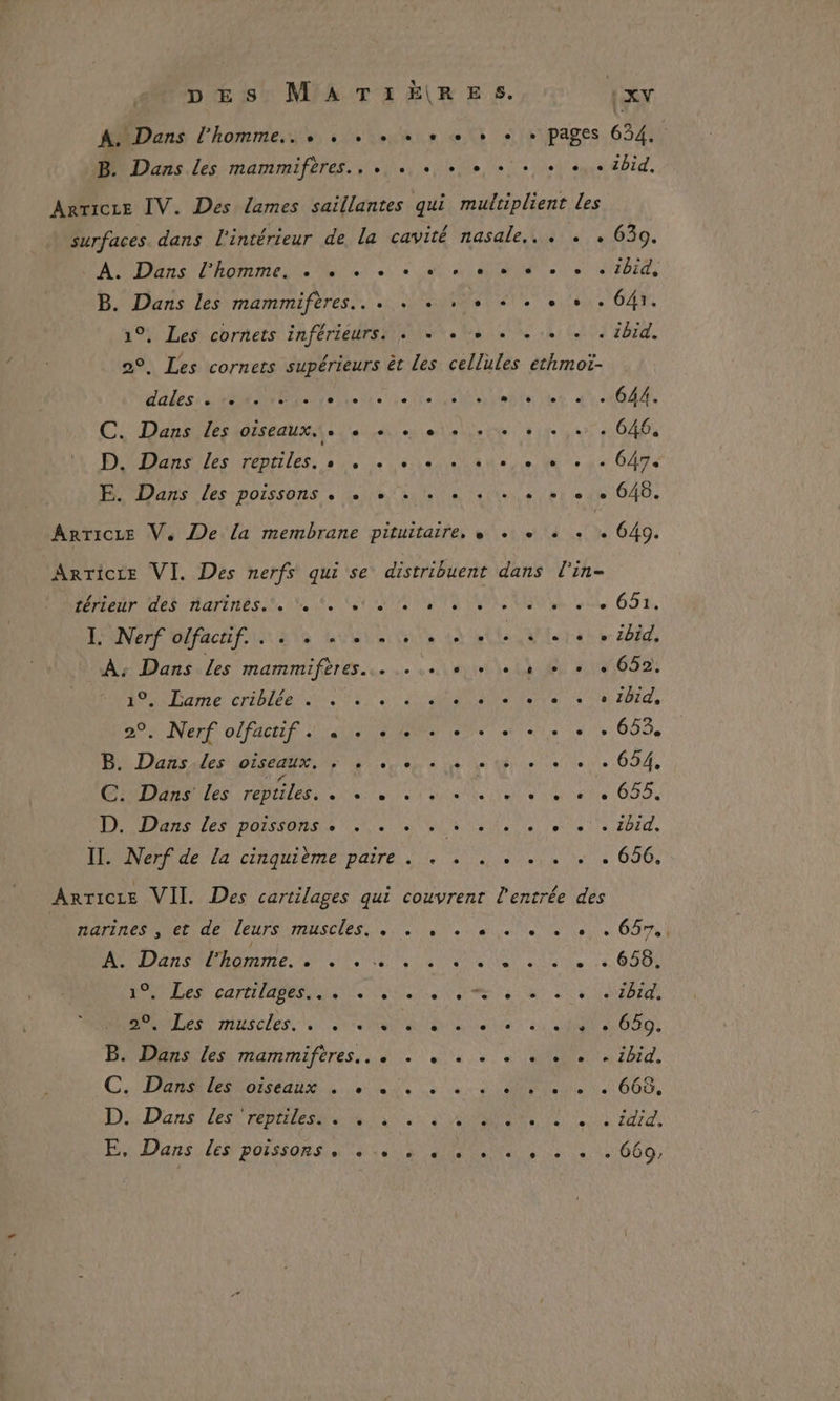 pEs MATIËRESs. Lxv A. Dans l'homme... . + + + + + + + + pages 634% B. Dans les mammifères... . + + + + + + .« ibid. Arricce IV. Des lames saillantes qui multiplient les surfaces. dans l'intérieur de la cavité nasale... . . 630. ADR LE Dante ne NU A eÙ «2e EN 0 APFOGS B. Dans les mammifères... . «+ . + + + + + . 641. 1°, Les cornets inférieurs. + - + + + + + + . ibid. 2°, Les cornets supérieurs èt les cellules ethmotï- dabs ARR ele tie eo veble et di Al C. Dans les oiseaux. . + + + + + + +. . 646. Diane irenniles: » 1 1e eee NAN aie es 44 044 HE Dans les poissons, lie ane tie en ee 1 le je CAO. ArTicce Ve De la membrane pituitaire, à + + + + + 049. ArTicre VI. Des nerfs qui se distribuent dans l'in- térieur des narinés.. ‘et SUN NAS NE UN 657, L'ONerf olfachfura ta el dits à SU QU ere h pr 488 A: Dans Les mammifères... . . « + + 4 + + + 652, Lo Le croblée its) à LMI ETS +24 ide 2°. Nerfolfauif. .. ee ee 653. D Daës der oran a D Pa files à le ve 654, C. Dans les reptiles. AL le UE RS et a ie GO D. Dans les poissons. . . . . + . . . . . . ibid. IE Nerf de la cinquième paire... 4... + « 656, ArTicre VII. Des cartilages qui couvrenr l'entrée des PPAESNARI UE LEUR MIASCEES er «0e ue ae dela ue OUTu | Re ON RUN EM ORRmEnNtRt à à ss L% Les cartilages.. atére Val ranlitent een eUL Et T ENT 1b1d. Rte RE ET à AN 659. B. Dans les mammifères, . « USE a RP ANT PT CDR ONE Le OU 0 SR 1 66, NT RN PENSE MEL et PUTUS Es Dans:les poissons 20 NS 2 2.660, D. Dans les ‘reptiles.