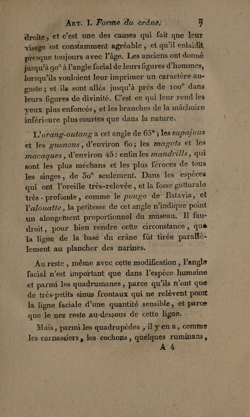 droite, et c’est une des causes qui fait que leur visage est constamment agréable , et qu’il enlaidit presque toujours avec l'âge. Les anciens ont donné jusqu’à 90° à l'angle facial de leurs figures d'hommes, lorsqu'ils vouloient leur imprimer un caractère au- guste ; et ils sont allés jusqu’à près de 100° dans leurs figures de divinité. C’est ce qui leur rend les veux plus enfoncés, et les branches de la mächoire inférieure plus courtes que dans la nature. L'orang-outang a cet angle de 65° ; les sapajous et les guenons, d'environ 60; les magots el les macaques , d'environ 45: enfin les mandrills, qui sont les plus méchans ét les plus féroces de tous les singes, de 30° seulement. Dans les espèces qui ont l’oreille très-relevée , et la fosse gutturale très - profonde, comme le porgo de Batavia, ef Valouatte , la petitesse de cet angle n'indique point un alongement proportionnel du museau. Il fau- droit, pour bien rendre cette circonstance , que la ligne de la basé du crâne füt tirée parallé- lement au plancher des narines. Au reste , même avec cette modification, l'angle facial n’est important que dans l’espèce humaine et parmi les quadrumanes , parce qu'ils n'ont que de très-pelits sinus frontaux qui ne relèvent pont la ligne faciale d’une quantité sensible, ‘ét parce que le nez reste au-dessous de cette ligne. Mais , parmi les quadrupèdes , il y en 2, comme les carnassiers, les cochons , quelques ruminans, À 4