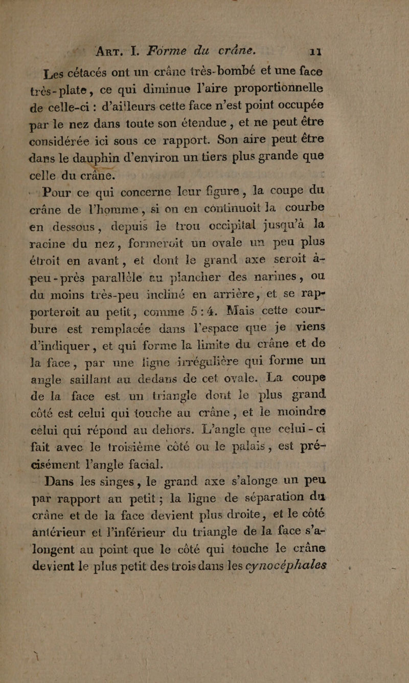 Les cétacés ont un crâne très-bombé et une face très-plate, ce qui diminue l'aire proportionnelle de celle-ci : d’ailleurs cette face n’est point occupée par le nez dans toute son étendue , et ne peut être considérée ici sous ce rapport. Son aire peut être dars le M “Se d'environ un tiers plus grande que celle du crane. «Pour ce qui concerne leur figure, la coupe du crâne de l’homme, si on en Étndts la courbe en dessous, depuis le trou occipital jusqu'à la racine du nez, formervit un ovale un peu plus étroit en avant, et dont le grand axe seroiït à- peu-près parallèle au plancher des narines, ou du moins très-peu incliné en arrière, et se rap- porteroit au petit, comme 5:4. Mais cette cour- bure est remplacée dans l'espace que je viens d’ indiquer , et qui forme la limite du crâne et de la face, par une ligne irrégulière qui forme un angle saillant au dedans de cet ovale. La coupe de la face est un triangle dont le plus grand côté est celui qui touche au crâne, et le moindre cèlui qui répond au dehors. T’/angle qne celui- a fait avec le troisième côté ou le palais, est pré- cisément l’angle facial. Dans les singes, le grand axe s’alonge un peu par rapport au petit; la ligne de séparation du crâne et de la face devient plus droite, et le côté antérieur et l’inférieur du triangle de la face s’a- Jongent au point que le côté qui touche le crâne devient le plus petit des trois dans les cynocéphales