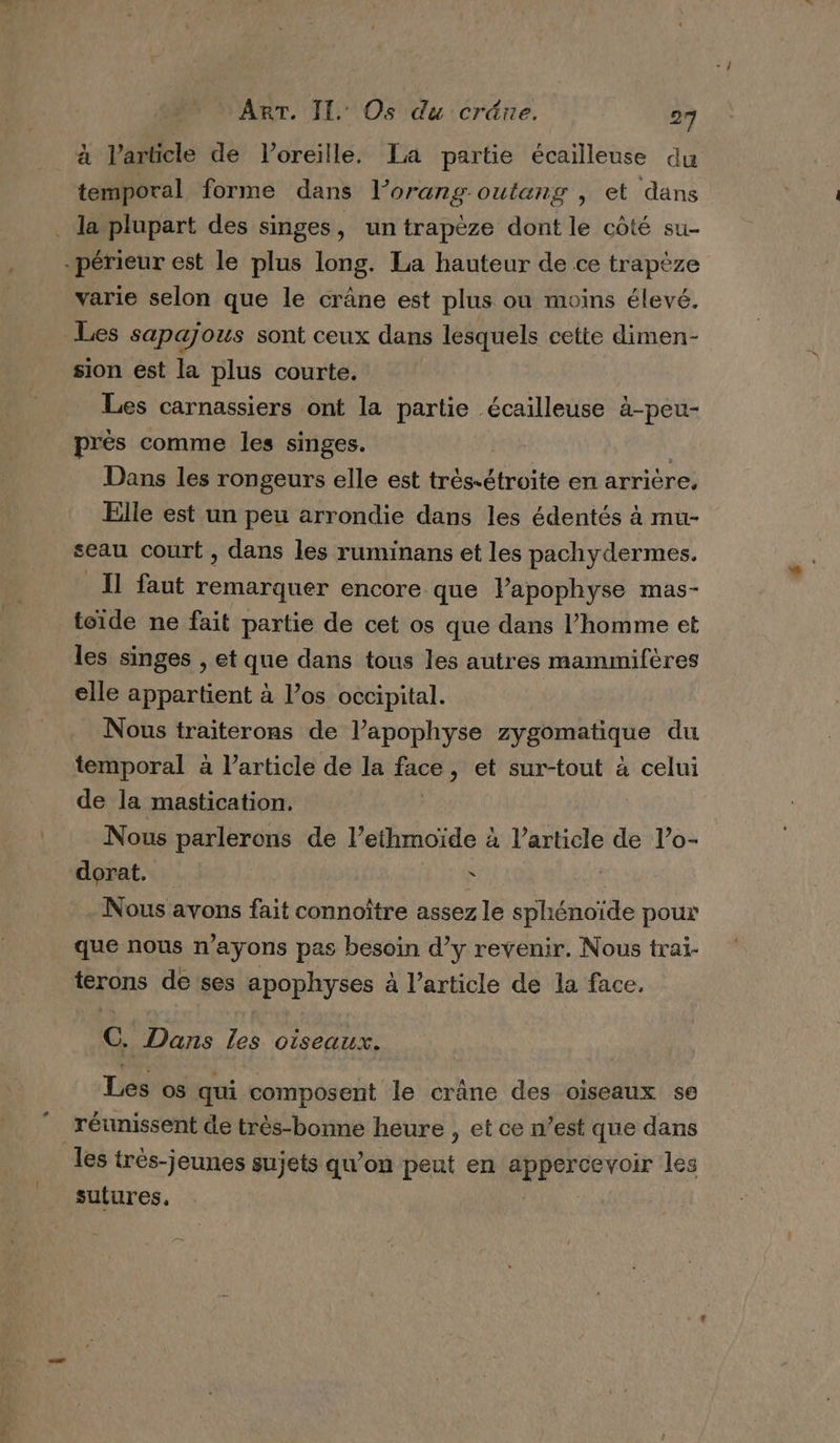 à l’article de loreille. La partie écailleuse du temporal forme dans l’orang outang , et dans la plupart des singes, un trapèze dont le côté su- -périeur est le plus long. La hauteur de ce trapèze varie selon que le crâne est plus où moins élevé. Les sapajous sont ceux dans lesquels cette dimen- sion est la plus courte. Les carnassiers ont la partie écailleuse à-peu- près comme les singes. | Dans les rongeurs elle est très-étroite en arrière, Elle est un peu arrondie dans les édentés à mu- seau court , dans les ruminans et les pachydermes. Il faut remarquer encore que lapophyse mas- toide ne fait partie de cet os que dans l’homme et les singes , et que dans tous les autres mammifères elle appartient à los occipital. Nous traiterons de l’apophyse Ca M du temporal à l’article de la face, et sur-tout à celui de la mastication. Nous parlerons de l’ethmoïde à l’article de l’o- dorat. F : Nous avons fait connoître assez le sphénoïde pour que nous n’ayons pas besoin d’y revenir. Nous trai- Srons de ses apophyses à l’article de la face. C. Dans TP Oiseaux. Les os qui composent le crâne des oiseaux se réunissent de très-bonne heure , et ce n’est que dans les très-jeunes sujets qu'on Bent en PARTS ENOR les sutures.