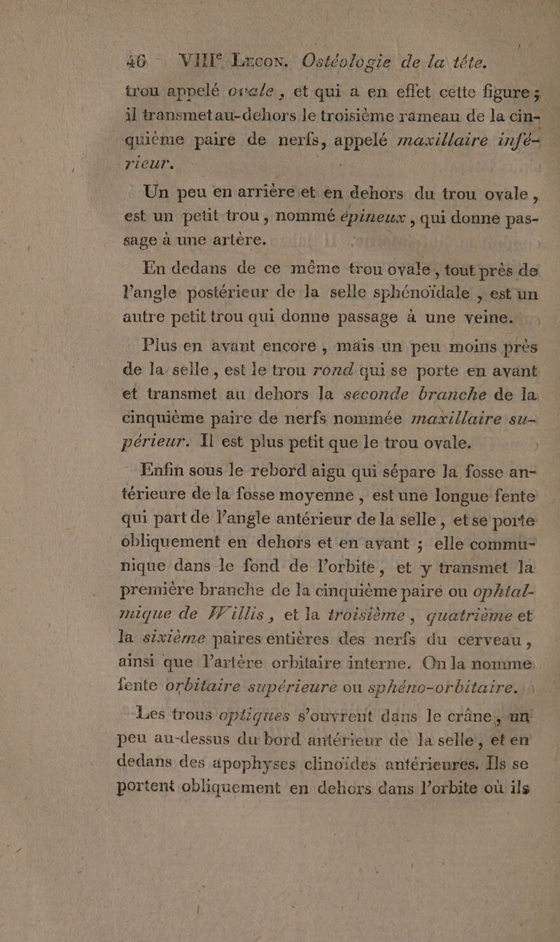 trou appelé ovale, ét qui a en eflet cette figures il transmetau-dehors le troisième rameau de la cin- Un peu en arriere et en dehors du trou ovale, est un petit trou , nommé épineusx , qui donne pas- sage à une ee En dedans de ce même trou ovale, tout près de l’angle postérieur de la selle sphénoïdale , est un autre petit trou qui donne passage à une veine. Plus en avant encore , mäis un peu moins près de la selle , est le trou rond quise porte en avant et transmet au dehors la seconde branche de la, cinquième paire de nerfs nommée maxillaire su- périeur. Il est plus petit que le trou ovale. Enfin sous le rebord aigu qui sépare Ja fosse an- térieure de la fosse moyenne , est une longue fente qui part de l'angle antérieur de la selle , et se porte obliquement en dehors et en avant ; elle commu- nique dans le fond de l’orbite, et y transmet la première branche de la cinquième paire ou ophtal- mnique de FFillis, et la troisième, quatrième et la stxtèrne paires entières des nerfs du cerveau, ainsi que l'artère orbitaire interne. On la nomme fente orbitaire supérieure ou sphéno-orbitaire. Les trous optiques s'ouvrent dans le crâne un peu au-dessus du bord antérieur de la selle, et en dedans des apophyses clinoïdes antérieures. Ils se portent obliquement en dehors dans l’orbite où ils