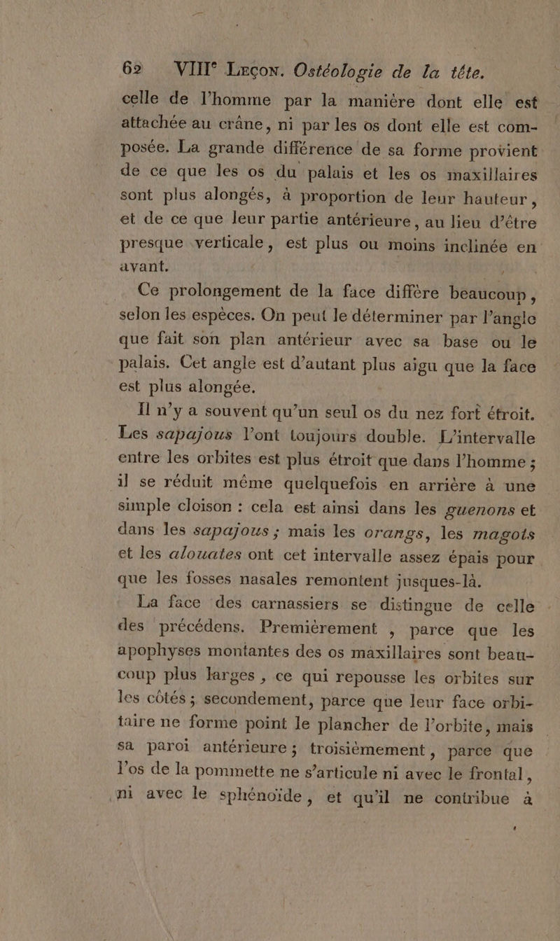 celle de l’homme par la manitre dont elle est attachée au crâne, ni par les os dont elle est com- posée. La grande différence de sa forme provient de ce que les os du palais et les os maxillaires sont plus alongés, à proportion de leur hauteur, et de ce que leur partie antérieure , au lieu d’être presque verticale, est plus où moins inclinée en avant. re Ce prolongement de la face diffère beaucoup, selon les espèces. On peut le déterminer par l'angle que fait son plan antérieur avec sa base ou le palais. Cet angle est d'autant plus aigu que la face est plus alongée. Il n’y a souvent qu’un seul os du nez fort étroit. Les sapajous l'ont toujours double. [’intervalle entre les orbites est plus étroit que dans l’homme ; il se réduit même quelquefois en arrière à une simple cloison : cela est ainsi dans les guenons et dans les sapajous ; mais les orangs, les magots et les alouates ont cet intervalle assez épais pour. que les fosses nasales remontent jusques-là. La face des carnassiers se distingue de celle des précédens. Premièrement , parce que les apophyses montantes des os maxillaires sont beau- coup plus larges , ce qui repousse les orbites sur les côtés ; secondement, parce que leur face orbi- taire ne forme point le plancher de l'orbite, mais sa paroi antérieure; troisièmement, parce que l'os de la pommette ne s’articule ni avec le frontal ; ni avec le sphénoïde, et qu'il ne contribue à