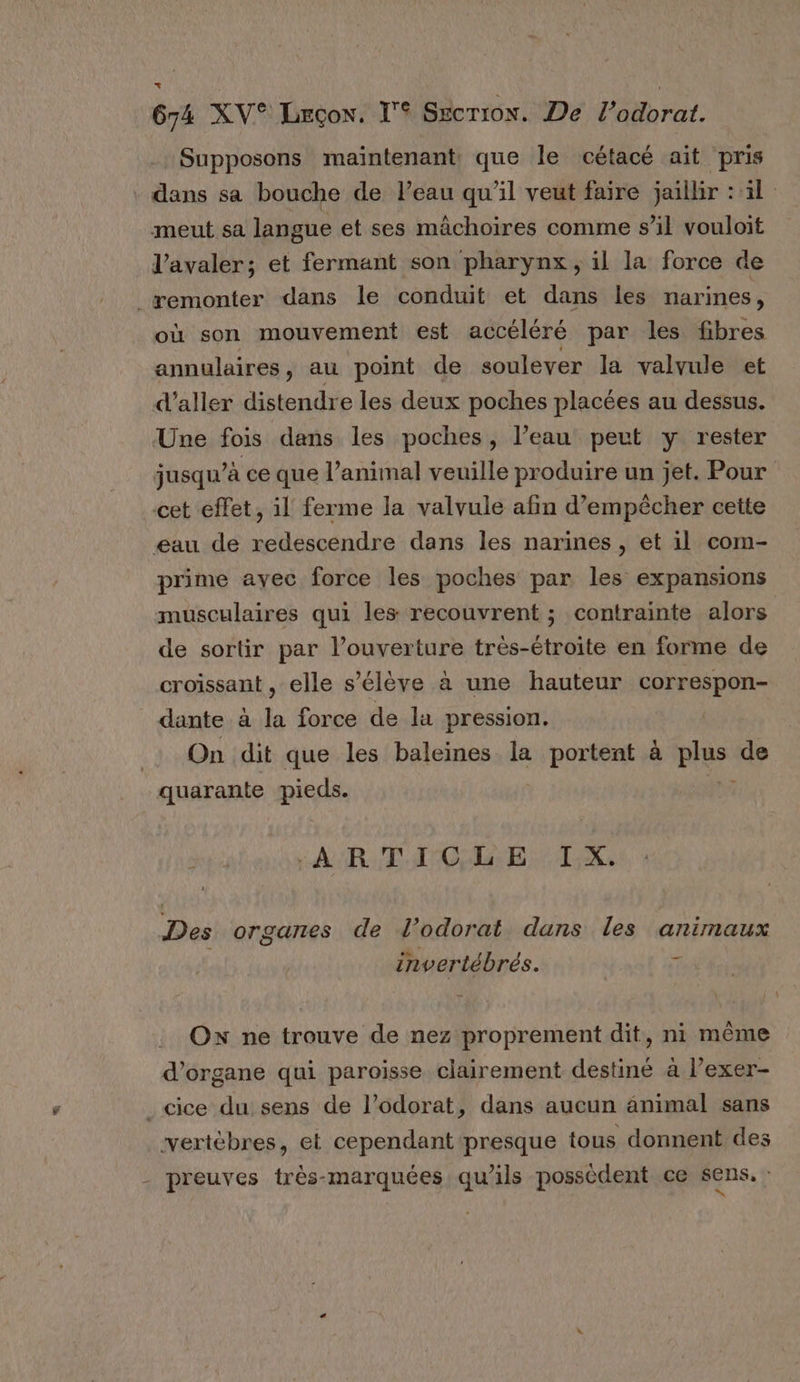 Supposons maintenant: que le cétacé ait pris dans sa bouche de l’eau qu'il veut faire jaillir : il meut sa langue et ses mâchoires comme s’il vouloit l’avaler; et fermant son pharynx, il la force de remonter dans le conduit et dans les narines, où son mouvement est accéléré par les fibres annulaires, au point de soulever la valvule et d'aller distendre les deux poches placées au dessus. Une fois dans les poches, l’eau peut y rester jusqu’à ce que l’animal veuille produire un jet. Pour cet effet, il ferme la valvule afin d'empêcher cette eau de redescendre dans les narines , et il com- prime avec force les poches par les expansions musculaires qui les recouvrent ; contrainte alors de sortir par l’ouverture très-étroite en forme de croissant , elle s’élève à une hauteur correspon- dante à la force de la pression. On dit que les baleines la portent à rs de quarante pieds. Ni AR TTC; LE: Lx. Des organes de l’odorat dans les animaux 5 invertébrés. Ÿ Ox ne trouve de nez proprement dit, ni même d’organe qui paroisse clairement destiné à lexer- _cice du sens de l’odorat, dans aucun animal sans vertèbres, et cependant presque tous donnent des - preuves très-marquées qu’ils possèdent ce sens.