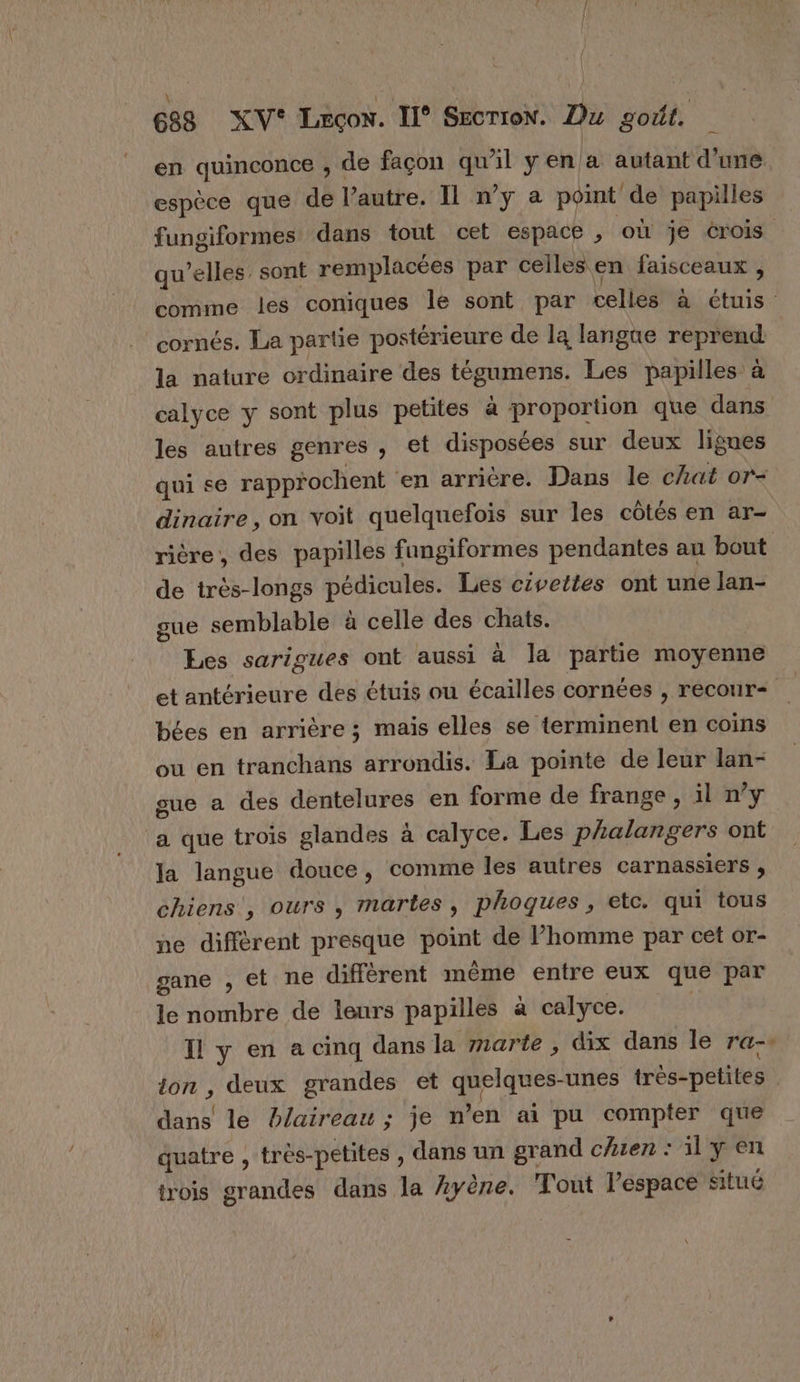 688 XV° Læecow. Il° SecrroN. Du goût. en quinconce , de façon qu'il yen a autant d’une. espèce que de l’autre. Il n’y à point de papilles fungiformes dans tout cet espace , où je crois qu'elles sont remplacées par celles en faisceaux , comme les coniques le sont par celles à étuis cornés. La partie postérieure de la langue reprend la nature ordinaire des tégumens. Les papilles à calyce y sont plus petites à proportion que dans les autres genres , et disposées sur deux lignes qui se rapprochent ‘en arrière. Dans le chat or- dinaire, on voit quelquefois sur les côtés en ar- rière, des papilles fangiformes pendantes au bout de très-longs pédicules. Les civeites ont une Jan- gue semblable à celle des chats. Les sarigues ont aussi à la partie moyenne et antérieure des étuis ou écailles cornées , recour- bées en arrière ; maïs elles se terminent en coins où en tranchans arrondis. La pointe de leur lan- sue a des dentelures en forme de frange, il n’y a que trois glandes à calyce. Les phalangers ont Ja langue douce, comme les autres carnassiers , chiens ; Ours, martes , phoques , etc. qui tous ne diffèrent presque point de l’homme par cet or- gane , et ne diffèrent même entre eux que par le nombre de leurs papilles à calyce. ; I y en a cinq dans la marte , dix dans le ra-» ion , deux grandes et quelques-unes très-petites dans le blaireau ; je n’en ai pu compter que quatre , très-petites , dans un grand chzen : ily en trois grandes dans la Ayène. Tout l’espace situé