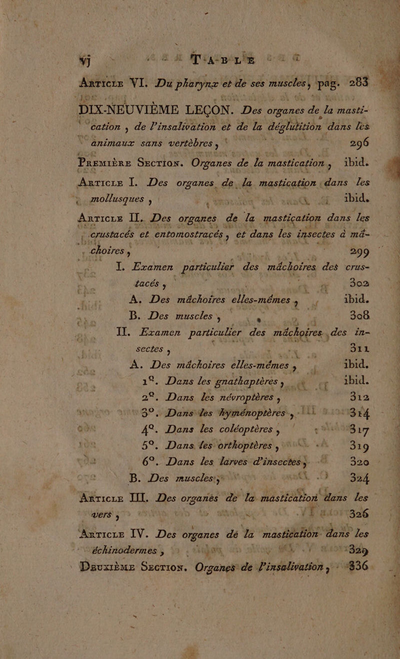 W à , MP :e ui oi VI. Du phare et de « ses er pis. 283 Dix. NEUVIÈME LEÇON. Des organes de fi masti- “cation &gt; def insalivation et de la déghaition | dans les ‘animaux sans vertèbres , : 296 Première SECTION. Organes de la mastication , 1bid. FES I. Des organes. dre mastication dans les + mollusques , | ee ant en 287: Thid, Anricre Il, Des organes de la mastiçation dans Les crustacés et entomostracés ; ét dans Les insectes à mê- | choires, | 16 13 299 I. Examen particulier des méchoires des crus- facés y | | FE US s 302 A. Des mächoïres elles-mémes, ; ibid. e secles , | A 311 A. Des mächoires elles-mêmes 9 # ibid. 1°. Dans Les grathaptères OÙ et 1bid. 2°, Dans les névropières » SE 312 3°. Dans des hyménoptères ; JL 610 314 ao A°. Dans les coléoptères , | es 317 | 5°. Dans des orthoptères , 1. 319 ï 6°. Dans Les larves d’ mais à dt 320 B. Des muscles \ HA, 17 324 Anricre III. Des orsanés de la mastication dans les VETS à * Vu. SOVEX VF'aasrtaa6 Agricze IV. Des organes dé la mastication dans Le échinodermes ALT à: ARE GMA: 1. Hroït3ab PA À $ 4