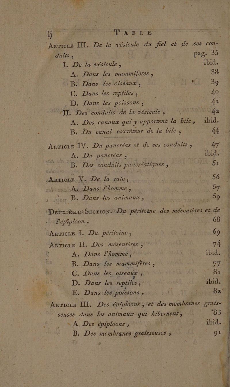 y H TERME à ES Armor II. De la vésicule | du fiel et de ses con- duits , à É pag: 35 TI. De la vésièule , | | ibid. _ À. Dans les. mammifères ; 36 1: PB: Dans les oiseaux, x 39 C. Dans Les reptiles, ie as 40 D. Dans les poissons ,. | | AL YTI. Des conduits de la vésicule , . 42 À. Des canaux qui y apportent la bile bic. B. Du canal excréteur de la bile,, LA, . Anricee IV. Du pancréas et de ses conduits » . 4T A. Du pancréas » | ‘ibid. TH Des conduits pañcrédtiques ; | 1: AnmIoLE. N. De /a rate , | CS SE AS Dans. L'homme , | 57. ï E. Dans les animaux , | | ? À Dsirrhares Secrion. Dr péritoire des mésentères et. de Va 41 épiploon 5 «en 08 ARTICLE I. Du. péritoine , » Try) 69 Arricze Il. Des mésentères ; 7Â K A. Dans l’homme, | 1b1d. B. Dans les mammifères , 77 A C. Dans les oiseaux $ ADI A \ D. Dans les reptiles ; | LE ibid. E. Dans Les poissons N à 2 62 ARTICLE II. Des épiploons , ef des meblhes grais= seuses dans les animaux qui hibernent,; 83 » À Des épiploons , | ste ibid. B. Des membranes graisseuses ; _ 91 EU