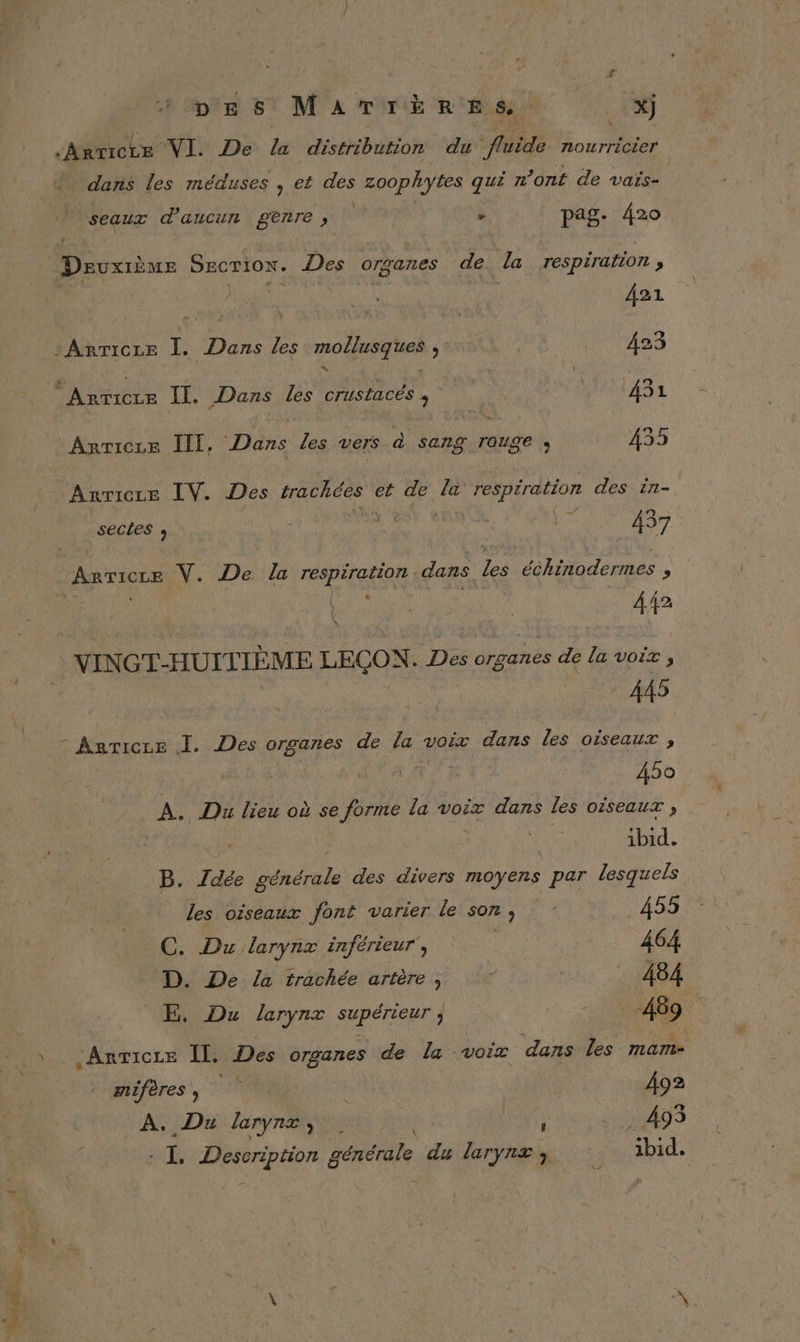 DT 7 « ARTICLE VI. De Le distribution du fluide nourricier dans les méduses dE ges zoophytes qui n ont de vaïs- seaux d'aucun genre ; - pag. 420 Y *AnrrTicze Ï. Dans les molusgueà , 423 Amriezr III. Dans les vers à sang iqude s 455 ARTICLE IV. Des HCReGE et de la respération des in- secles 9 | - 13 be 437 ARTICLE. V. De la respiration dans Je échinodermes À « Cu 442 445 ÀÂ50 A. Du lieu où se forme la voix dans les oiseaux , ibid. B. Zdée SA des divers moyens ou lesquels les oiseaux font varier le son, 453. C. Du larynx inférieur, : 464 D. De la trachée artère , 4 _ 484 E. Du larynx supérieur ; 469 .Anticze Il. Des organes de La voix dans les mam- mifères , 70 | | À92 A. Du larynz, à . 493 - 1. Description générale du larynæs 1bid,