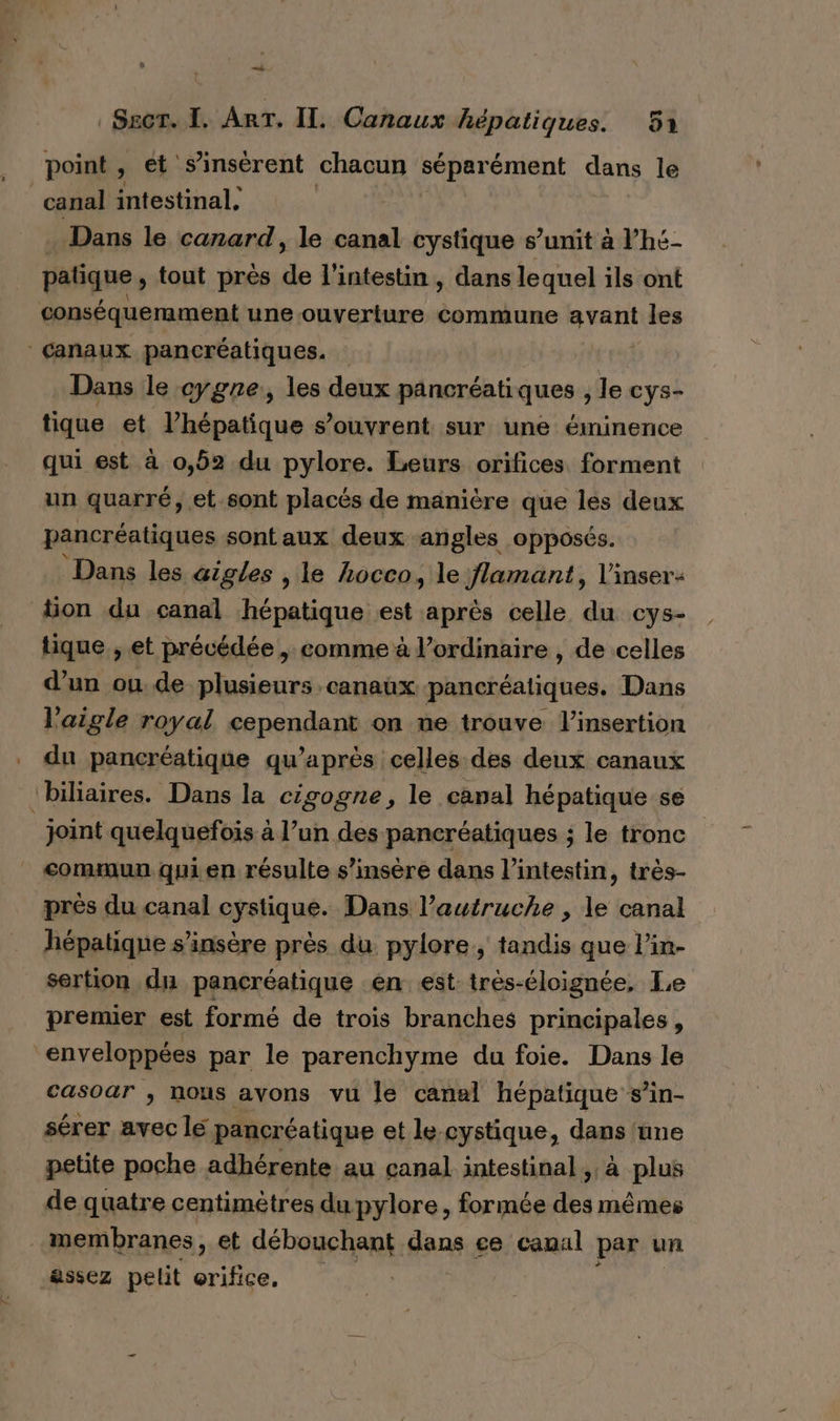 | Ssgr. I. Arr, IL. Canaux hépatiques. 51 point , _et s’insérent chacun séparément dans le canal intestinal. Dans le canard, le canal cystique s’unit à Vhe- patique, tout près rs l'intestin, dans lequel ils ont conséquemment une ouverture commune pese les Canaux pancréatiques. Dans le cygne, les deux pancréatiques , le cys- tique et l’hépatique s’ouvrent sur une éminence qui est à 0,52 du pylore. Leurs orifices. forment un quarré, et sont placés de manière que les deux pancréatiques sontaux deux angles opposés. Dans les aigles , le hocco, le flamant, l'inser: tion du canal hépatique est après celle du cys- tique, et précédée , comme à l’ordinaire , de celles d’un ou de plusieurs canaux pancréatiques. Dans l'aigle royal &lt;aperdan on me trouve l'insertion du pancréatique qu'après celles des deux canaux biliaires. Dans la cigogne, le canal hépatique se “joint quelquefois à l’un des pancréatiques ; le tronc commun qui en résulte s’insère dans l'intestin, très- près du canal cystique. Dans l’autruche , le canal hépatique s’insère près du pylore, tandis que l’in- sertion du pancréatique en est très-éloignée, Le premier est formé de trois branches principales , enveloppées par le parenchyme du foie. Dans le casoar ; nous avons vu le canal hépatique s’in- sérer avec lé pancréatique et le-cystique, dans ‘une petite poche adhérente au canal intestinal, à plus de quatre centimètres du pylore, formée des mêmes | membranes, et débouchant dans ce canal par un assez pelit orifice,