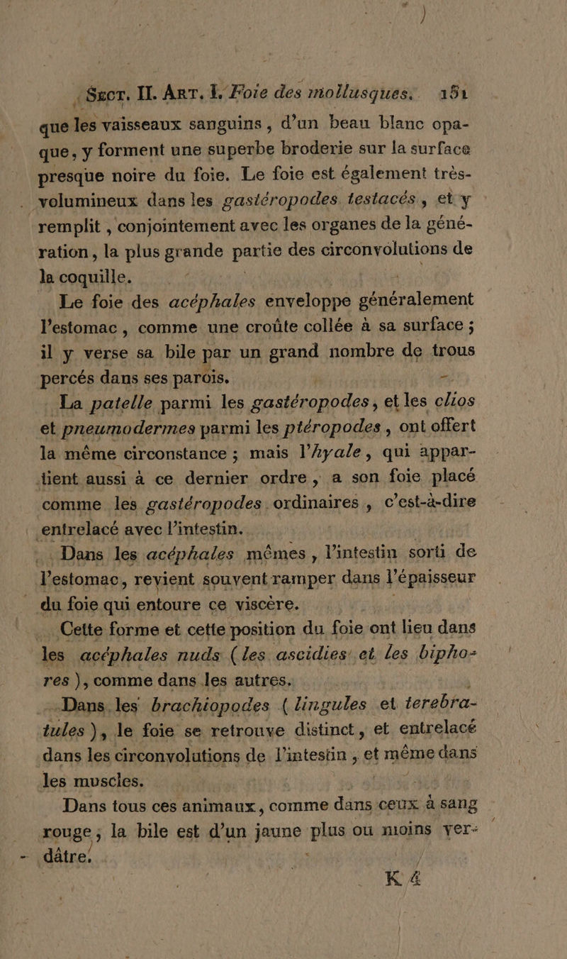 À Secr. IT. Arr. 1, Foie des mollusques. àa51 que les vaisseaux sanguins , d’un beau blanc opa- que; y forment une superbe broderie sur la surface presque noire du foie. Le foie est également très- . volumineux dans les gastéropodes testacés, et y remplit , conjointement avec les organes de la géné- ration, la plus grande snaids des circonvolutions de le coquille. à Le foie des acéphales ényelonpé généralement l'estomac, comme une croûte collée à sa surface ; il y verse sa bile par un grand nombre de trous percés dans ses parois. re . La patelle parmi les gastér onpdass et les Le. et pneumodermes parmi les ptéropodes, ont offert la même circonstance ; mais l’Ayale, qui appar- tient. aussi à ce dernier ordre, a son foie placé comme les gastéropodes ordinaires , c’est-à-dire -entrelacé avec l'intestin. . Dans les acéphales mêmes , l'intestin sorti de +. estomac, revient souvent ramper dans l'épaisseur du foie qui entoure ce viscère. .… Cette forme et cette position du foie ont lieu dans les acéphales nuds (les ascidies' et Les bipho- res }, comme dans les autres, Dans. les brachiopodes ( lingules et terebra- tules ), le foie se retrouve distinct, et entrelacé dans les circonvolutions de l'intestin , et même dans les muscles. Dans tous ces animaux, comme dans ceux à sang eue: la bile est d’un jaune ‘pl ou moins yer- _ dâtre.