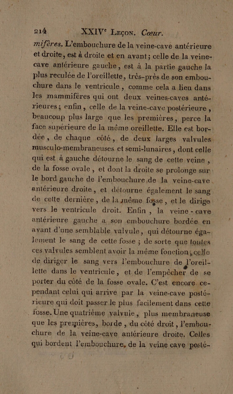 rnifères. L’embouchure de la veine-cavé antérieure et droite, est à droite et en avant; celle de la veine- cave antérieure gauche, est à la partie gauche la plus reculée de l’oreillette, très-près de son emhou- chure dans le ventricule, comme cela a lieu dans les mammifères qui ont deux veines-caves anté- rieures; enfin, celle de la veine-cave postérieure , beaucoup plus large que les premières, perce la face supérieure de la même oreillette. Elle est bor- dée , de chaque côté, de deux larges valvules: musculo-membraneuses et semi-lunaires, dont celle qui est à gauche détourne le sang de cette veine , de la fosse ovale , et dont la droite se prolonge sur : le bord gauche de l'embouchure de la veine-cave. antérieure droite, et détourne également le sang de cette dernière , de 1 même fosse , et le dirige vers le ventricule droit. Enfin , la veine - cave antérieure gauche à son embouchure bordée en avant d'une semblable valvule, qui détourne éga- lement le sang de cette fosse ; de sorte que toutes ces valvules semblent avoir la même fonction, celle de diriger le sang vers l’embouchure de l’oreil- lette dans le ventricule, et de l'empêcher de se porter du côté de la fosse ovale. C’est encore, ce- pendant celui qui arrivé par la veine-cave posté rieure qui doit passer le plus facilement dans cette . fosse. Une quatrième valvule, plus membraneuse que les preipières, borde , du côté droit, l’embou- chure de la veine-cave antérieure droite. Celles qui bordent l’embouchure, de la veine cave 'posté-